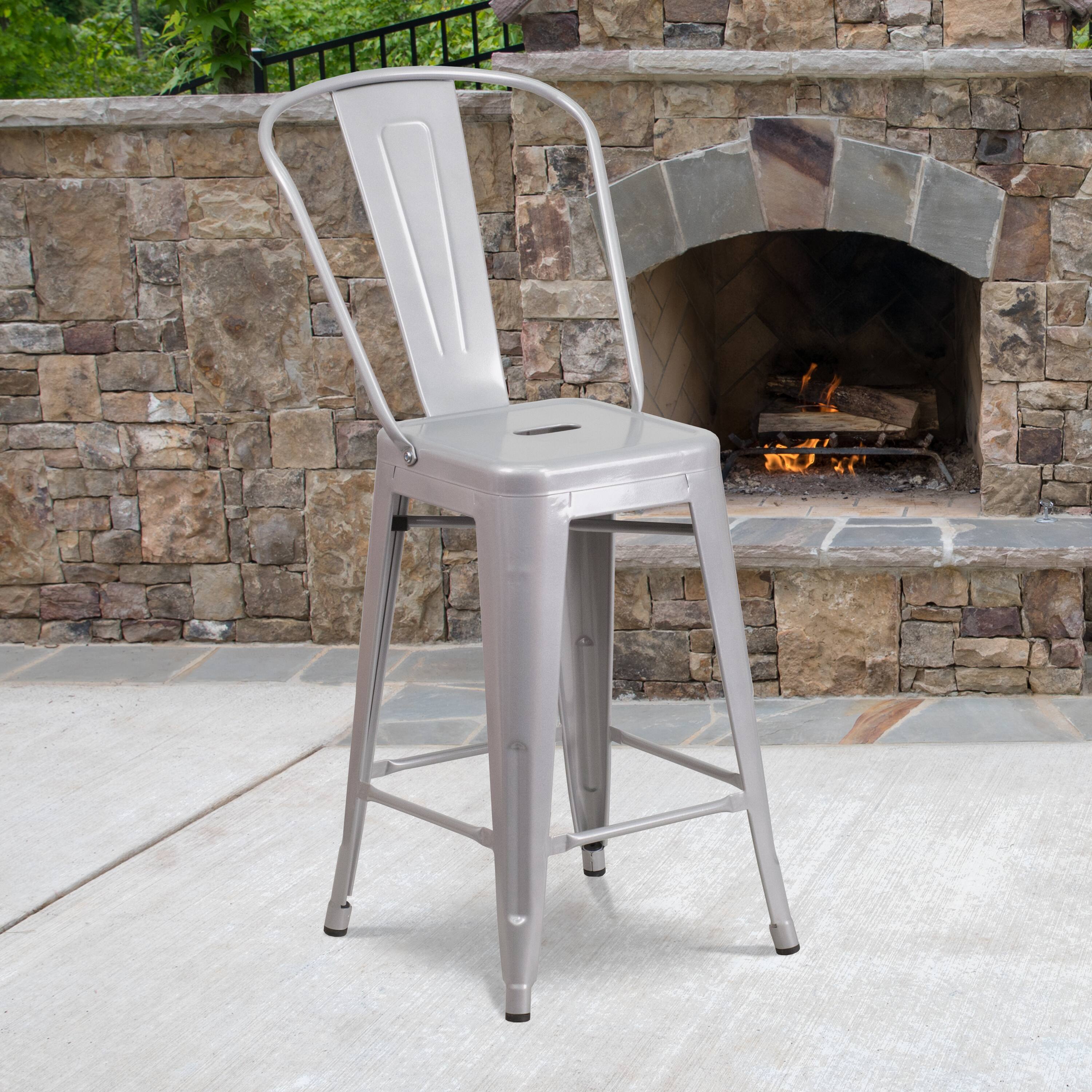 Alt View 2. Emma + Oliver - Commercial Grade 4 Pack 24" High Metal Indoor-Outdoor Counter Height Stool with Back - Silver.
