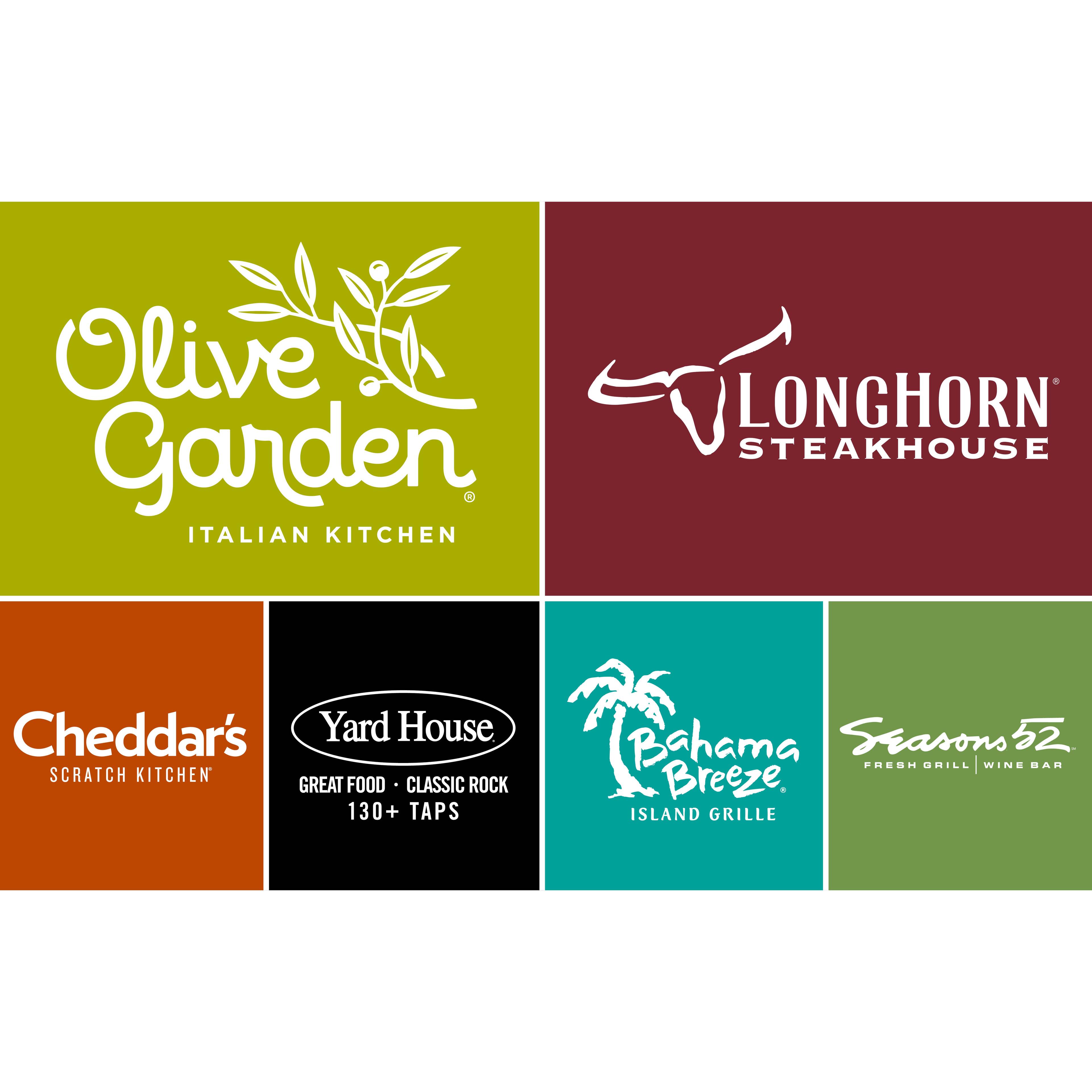 Olive Garden Italian Kitchen
Longhorn Steakhouse
Cheddar's Yard House
Scratch Kitchen
Great Food, Classic Rock, 130+ Taps
Bahama Seasons 52 Fresh Grill Wine Bar Breeze
Island Grille