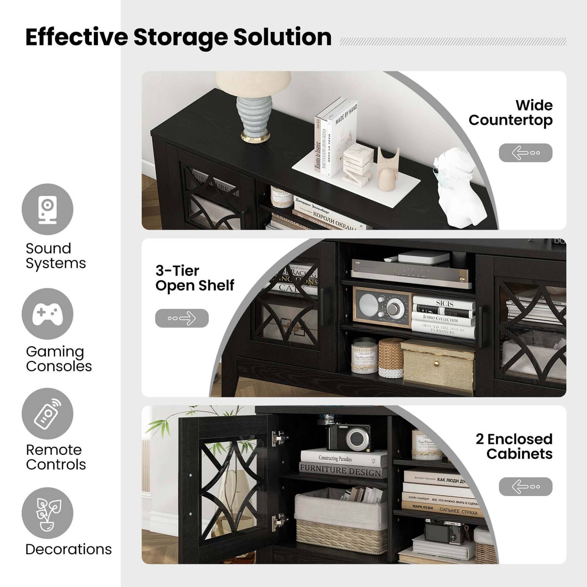 Effective Storage Solution: Wide Countertop

* Sound Systems
* 3-Tier Open Shelf
* Gaming Consoles
* Remote Controls
* Construction Prado Furniture Design
* 2 Enclosed Cabinets
* Decorations