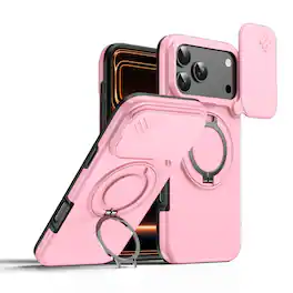 Dteck - Heavy Duty Case for Apple iPhone 17 Pro Max with Foldable Ring Stand,Bulit in Slide Camera Cover,Fit Magnetic Car Mount - Pink