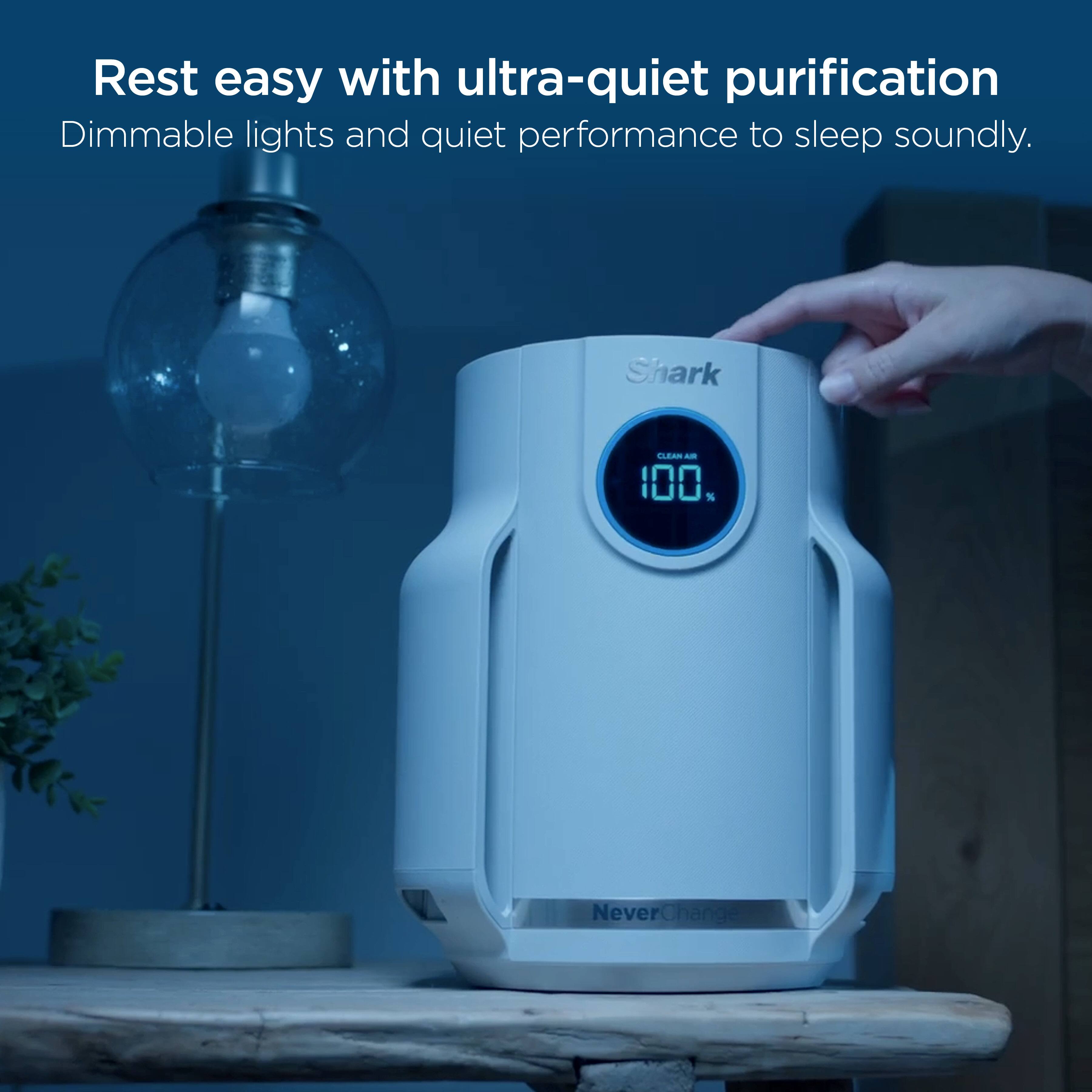 Rest easy with ultra-quiet purification  
Dimmable lights and quiet performance to sleep soundly.  

Shark  
CLEAN AIR 100%  
NeverChange
