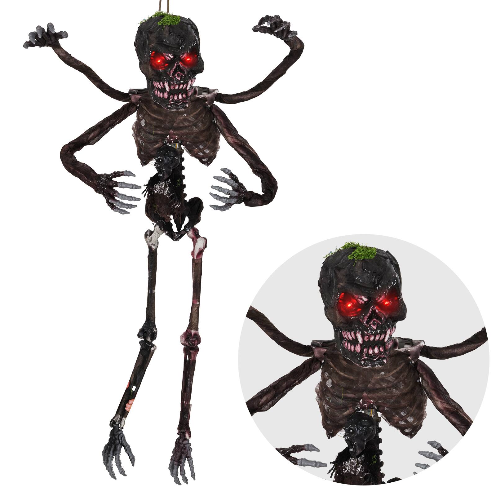 Gymax - 6 FT Animated Halloween Decoration Hanging Zombie Light-up Eyes Poseable Arms - Black