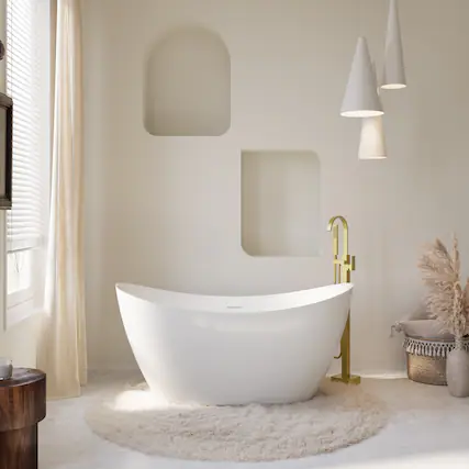 Front. WELLFOR - Villa 60 in. x 28.75 in. Acrylic Oval Freestanding Soaking Bathtub with Center Drain and Overflow - White.
