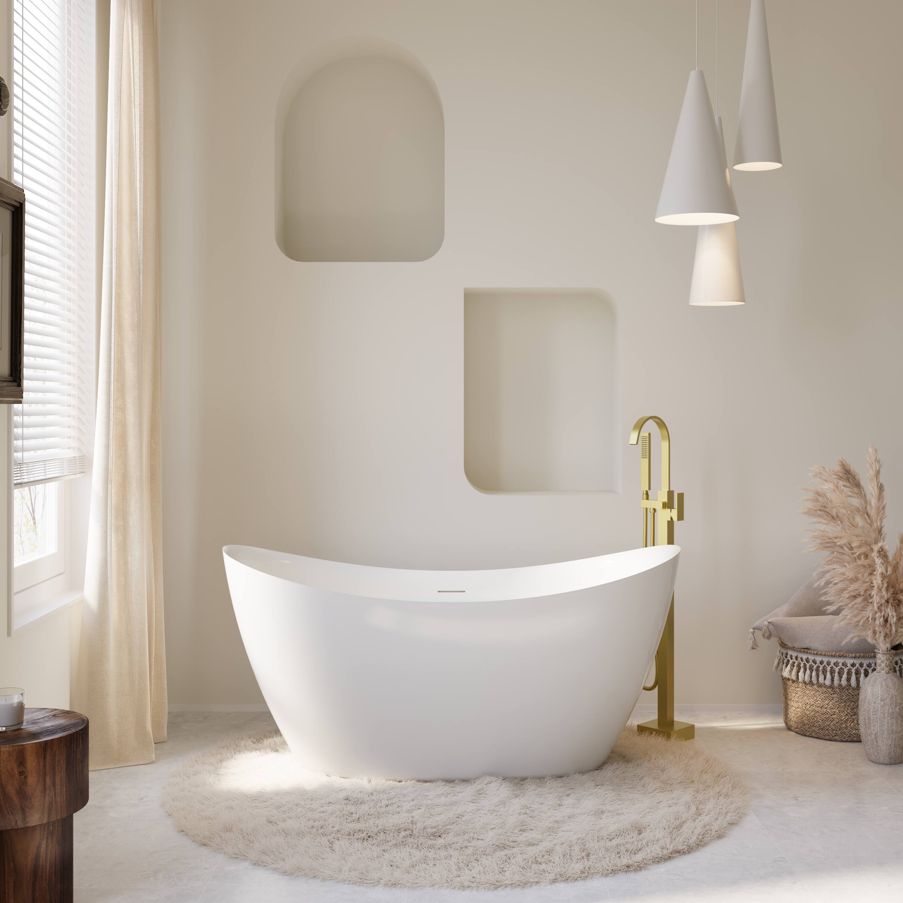 Front. WELLFOR - Villa 60 in. x 28.75 in. Acrylic Oval Freestanding Soaking Bathtub with Center Drain and Overflow - White.