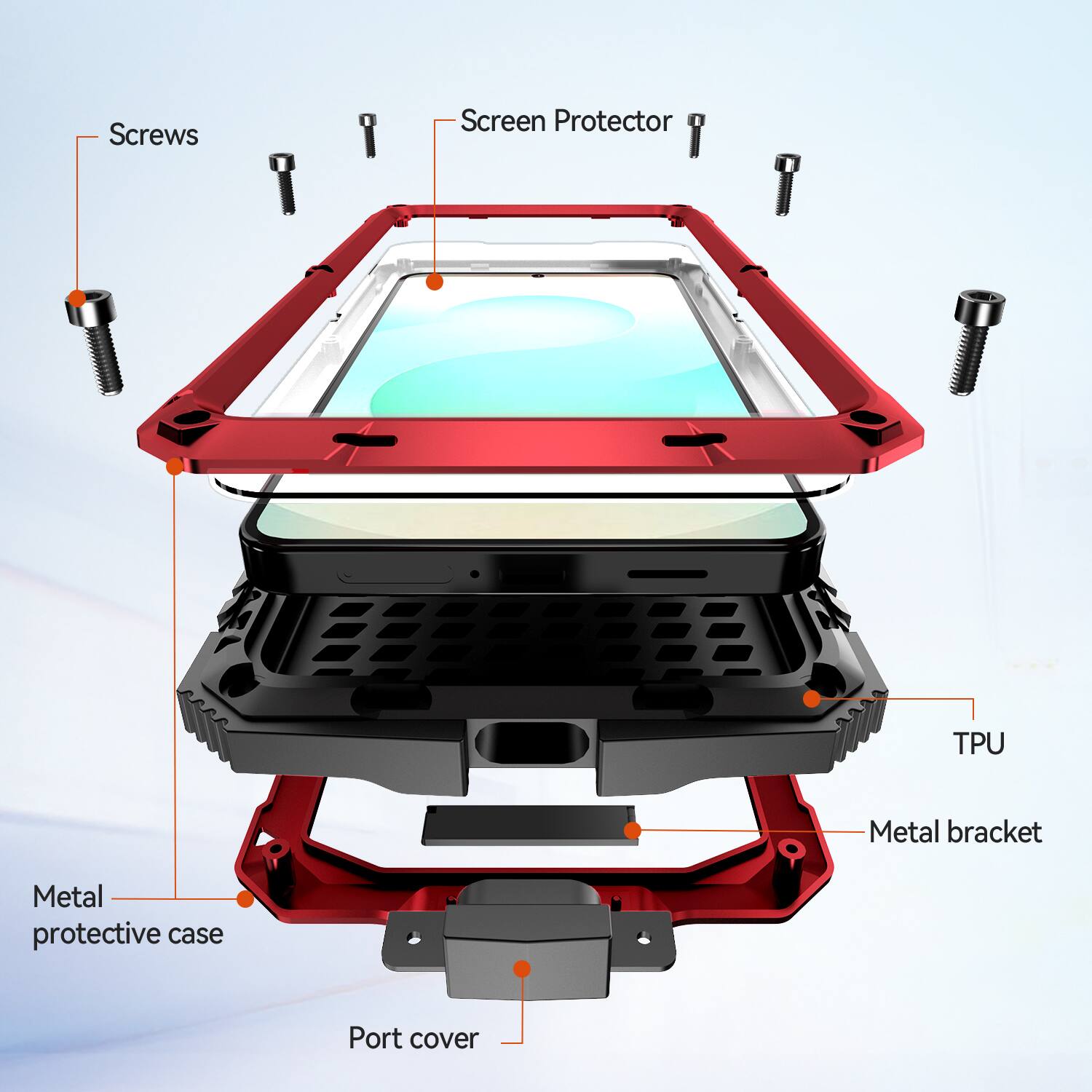 Screws  
Screen Protector  
TPU  
Metal bracket  
Metal protective case  
Port cover