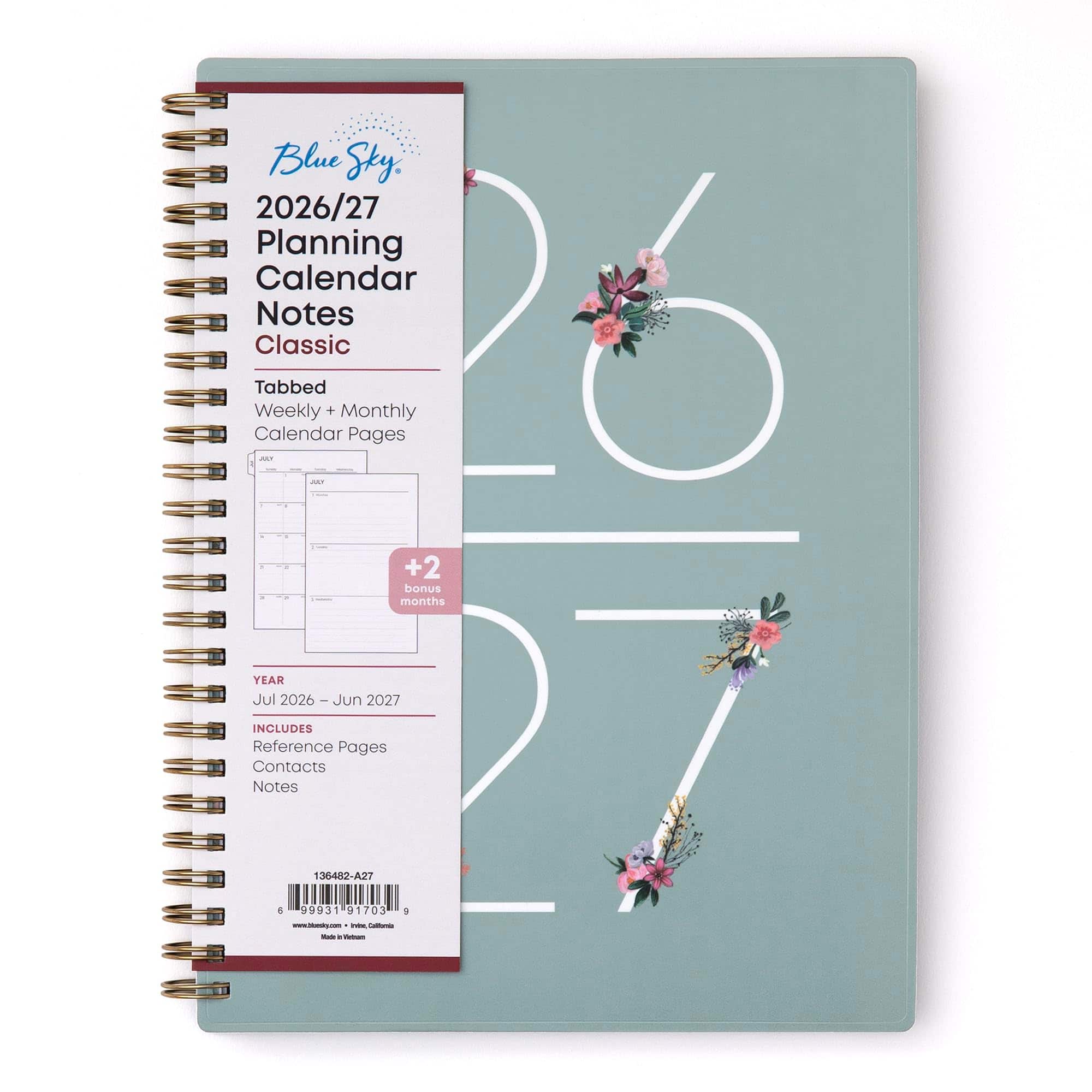 Blue Sky - 2026-2027 Weekly & Monthly Academic Planner, 5.875"x8.625", Greta, Extra 30 sheet of Notes