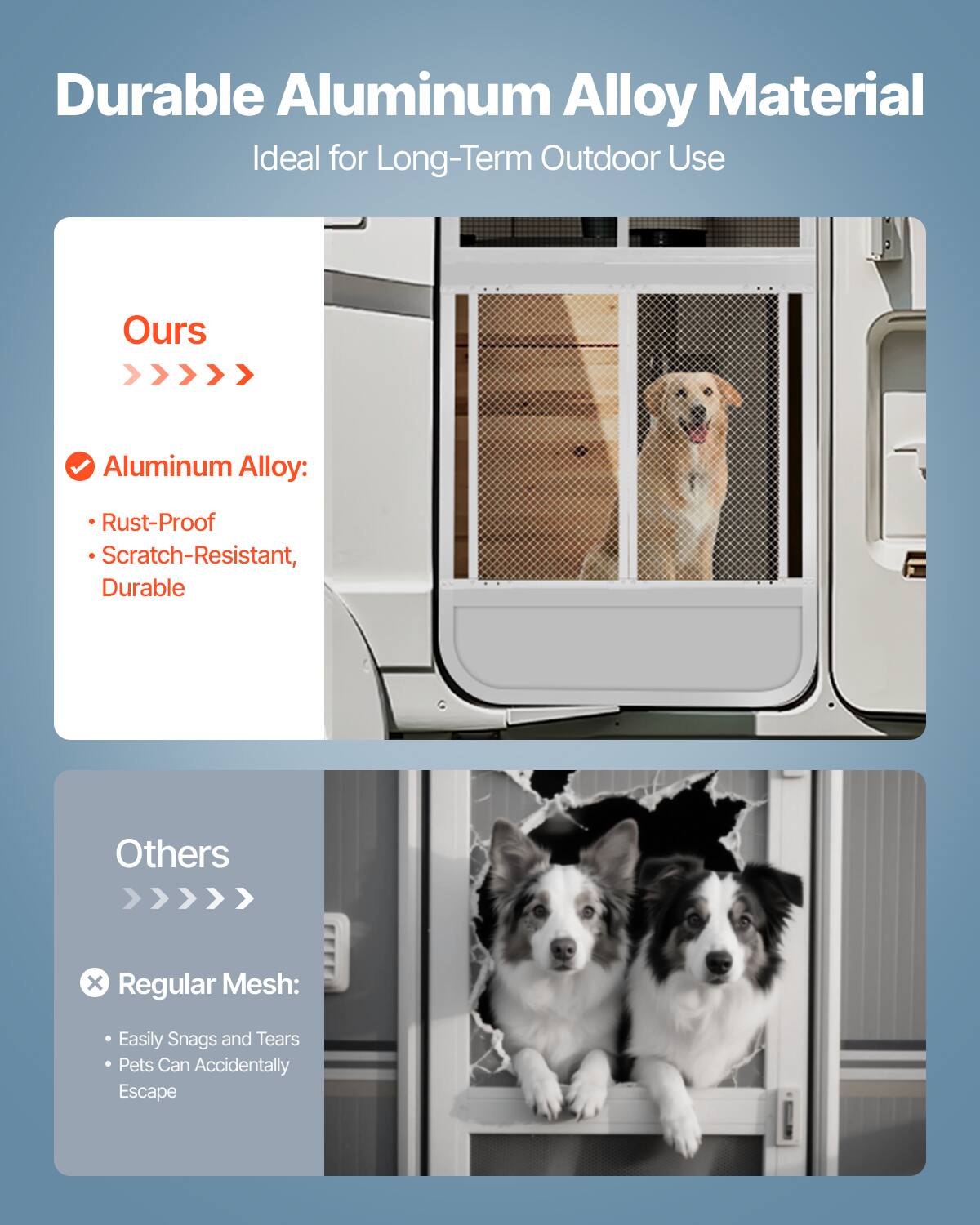 Durable Aluminum Alloy Material  
Ideal for Long-Term Outdoor Use  

Ours  
Aluminum Alloy:  
- Rust-Proof  
- Scratch-Resistant, Durable  

Others  
Regular Mesh:  
- Easily Snags and Tears  
- Pets Can Accidentally Escape