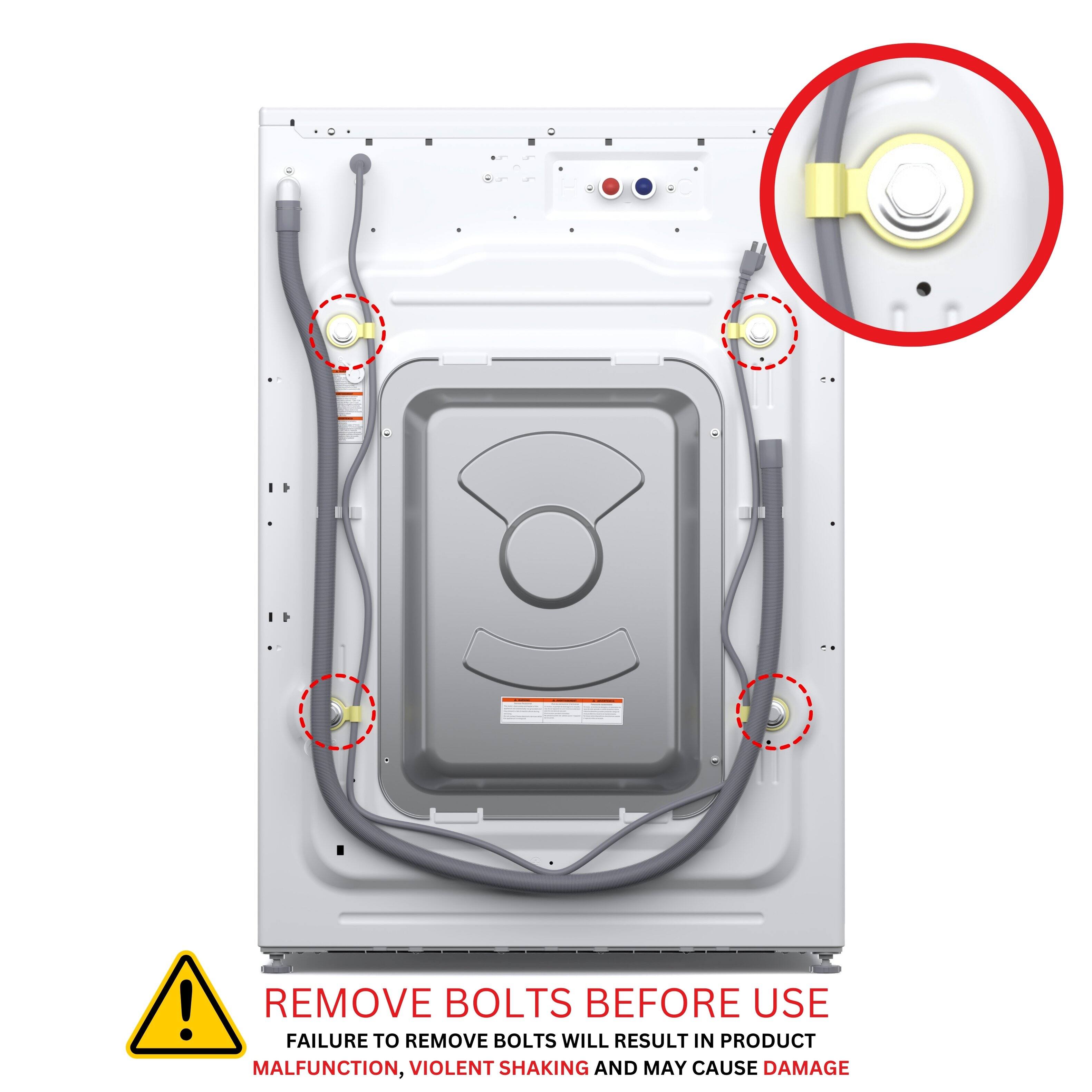 REMOVE BOLTS BEFORE USE  
FAILURE TO REMOVE BOLTS WILL RESULT IN PRODUCT MALFUNCTION, VIOLENT SHAKING AND MAY CAUSE DAMAGE