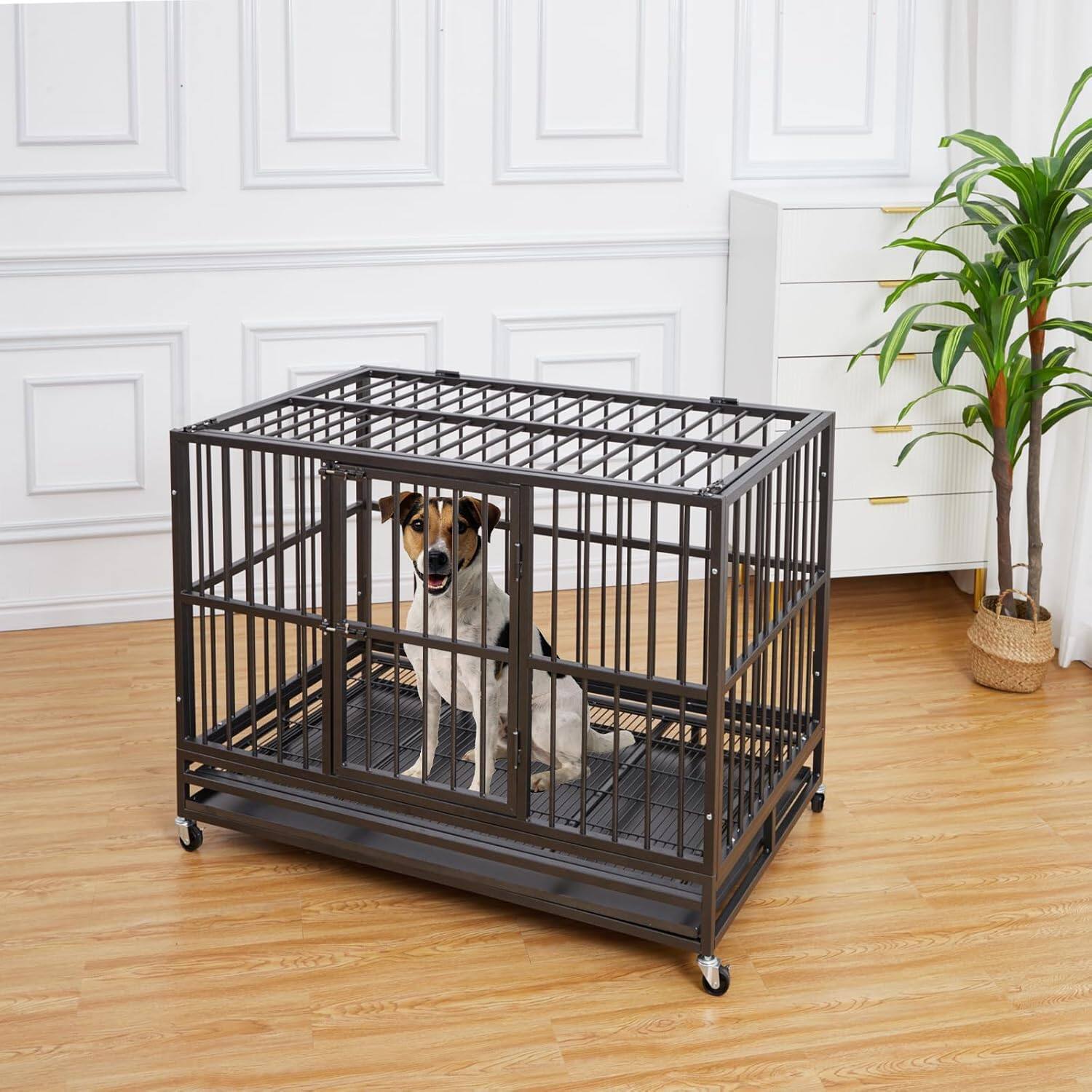 Angle. Acekool - Heavy Duty Dog Crate Cage Kennel, Indestructible Steel Escape-Proof, 360° Lockable Wheels, Removable Tray, Black.