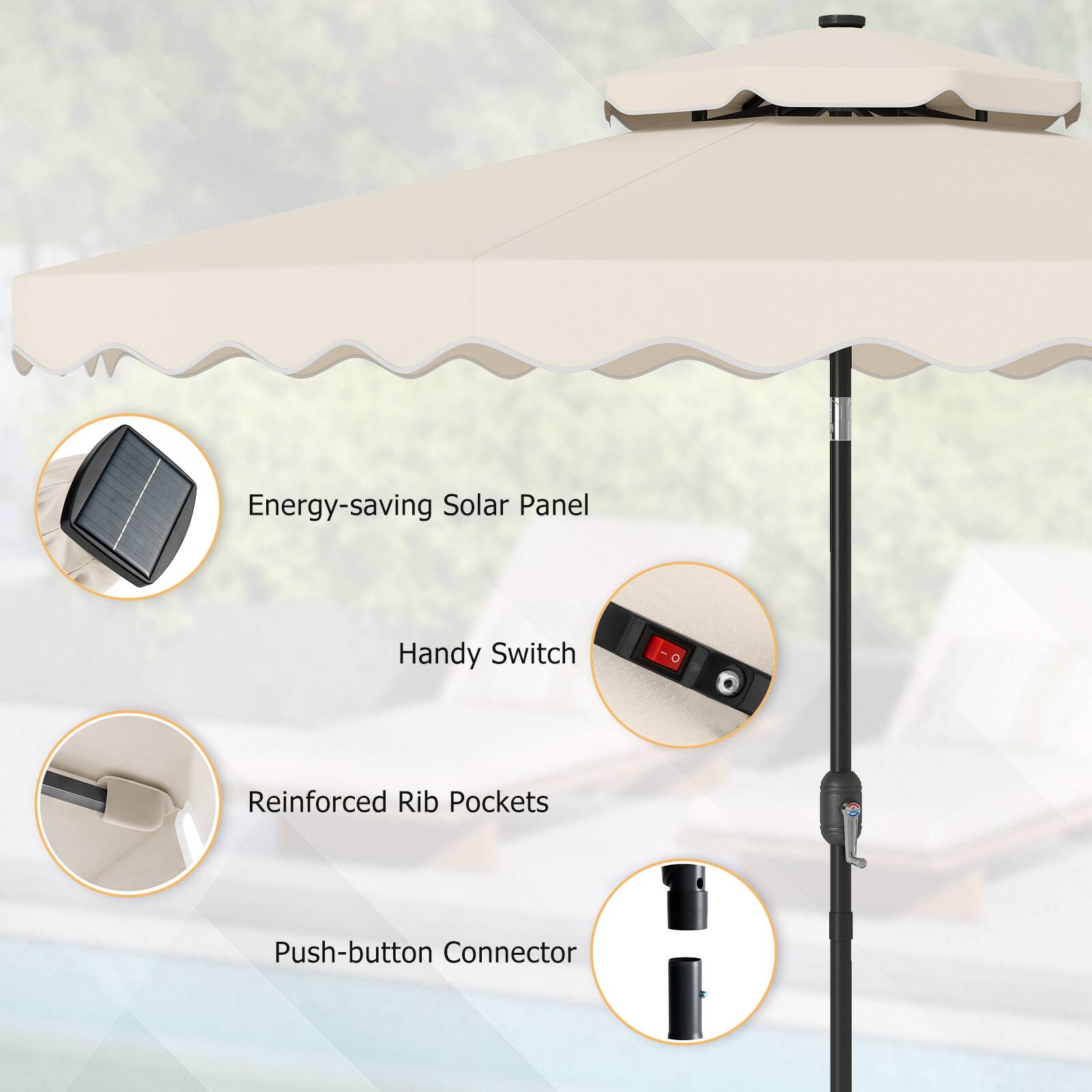 Energy-saving Solar Panel  
Handy Switch  
Reinforced Rib Pockets  
Push-button Connector