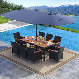 Gymax - 11 PCS Patio Dining Set w/ 15ft Double-Sided Patio Umbrella (Base Included) - Navy