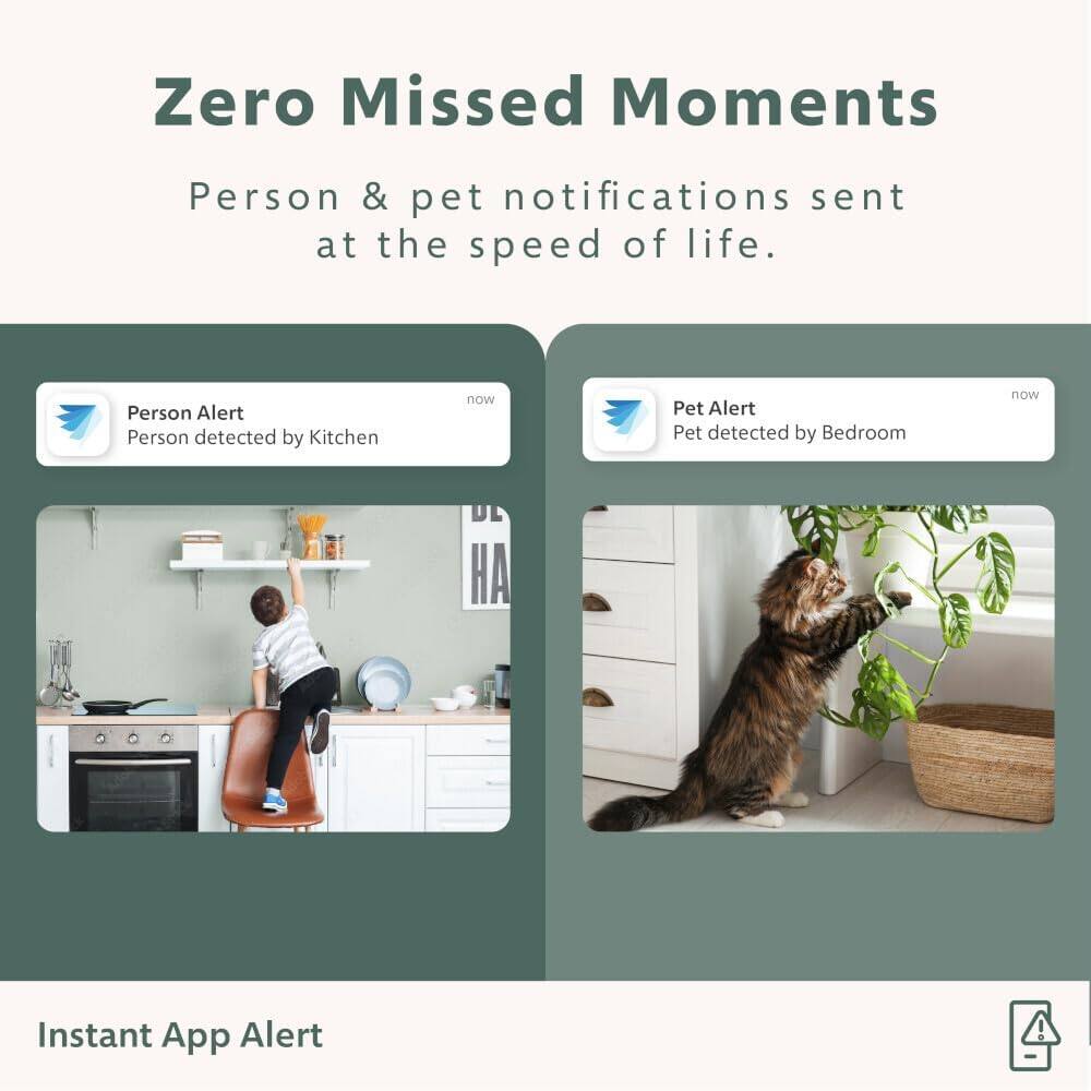 Zero Missed Moments: Person & Pet Notifications Sent at the Speed of Life.

Person Alert: Person detected by Kitchen now.

Pet Alert: Pet detected by Bedroom now.

Instant App Alert!