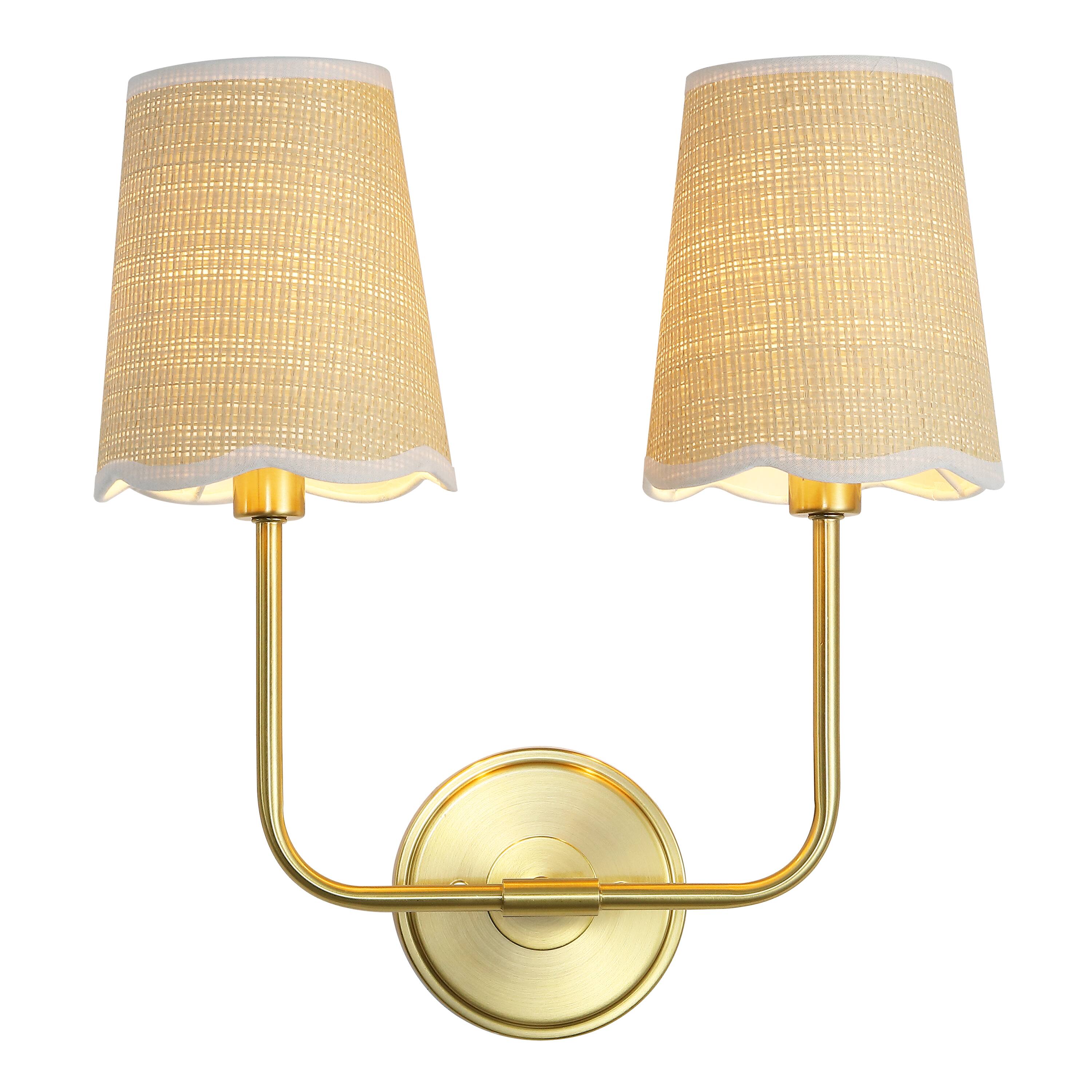 Front. Jonathan Y - Lila 15" 2-Light Traditional Coastal Scalloped Fabric Shade/Metal LED Vanity Light, Brass Gold/Brown - Brown/White/Brass Gold.