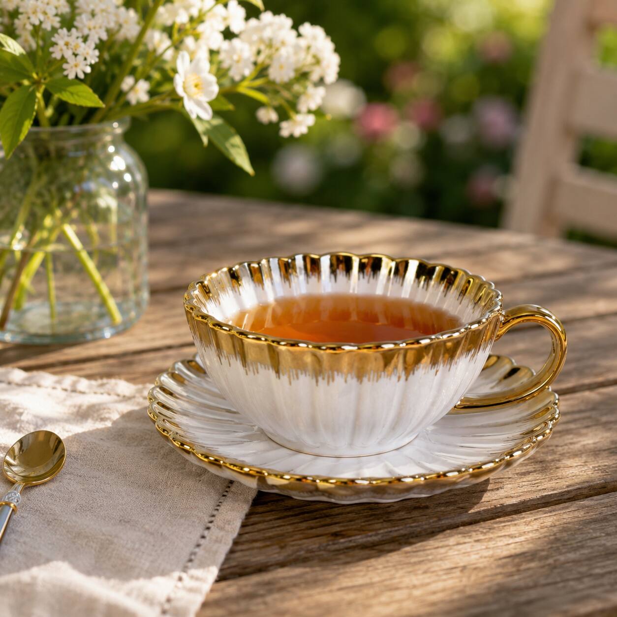 Left. Jiallo - Ceramic Cup and Saucer with Gold Edge - White.