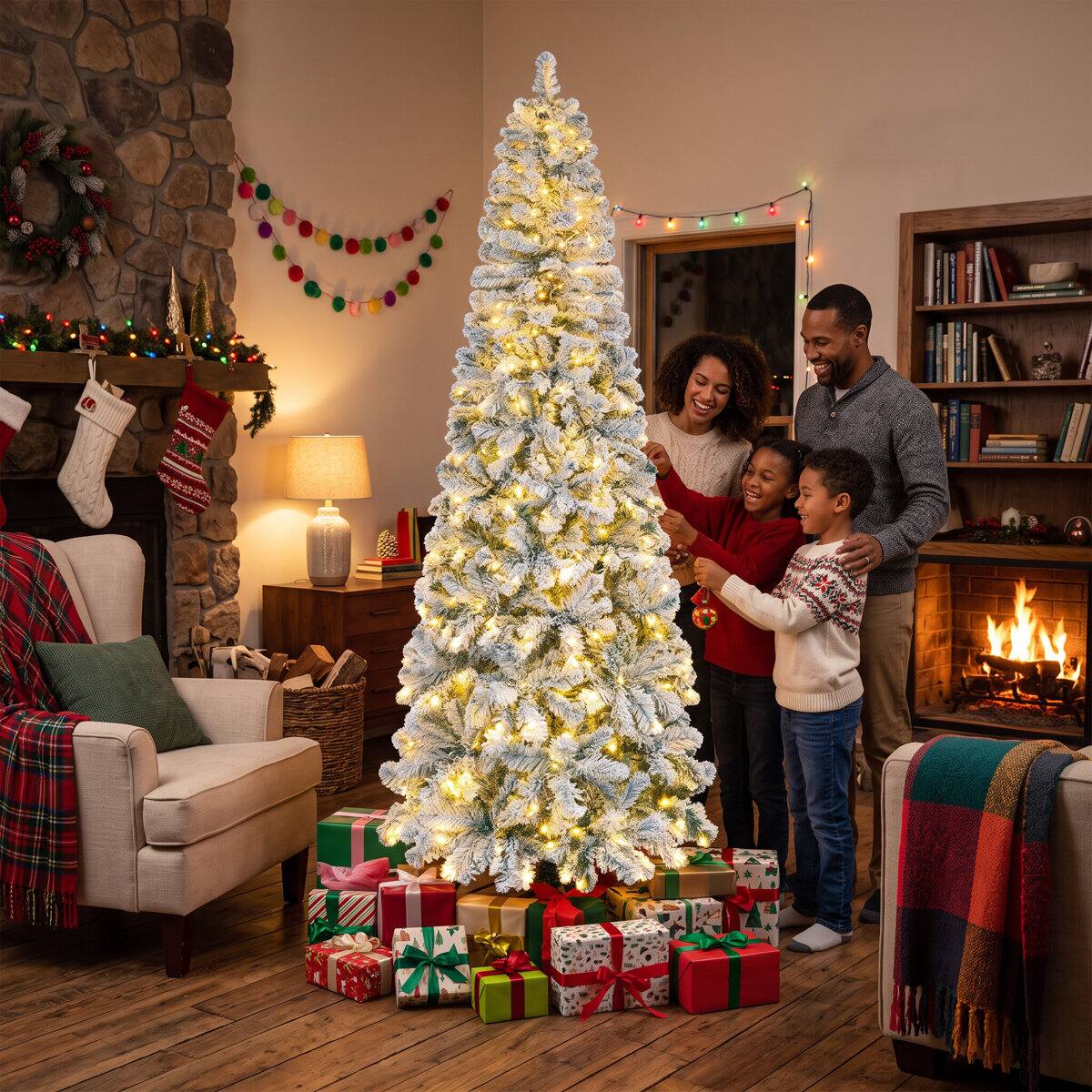 Alt View 6. Wisairt - 9FT Pre-Lit Flocked Pencil Christmas Tree, 976 Tips, 500 LED 11 Modes - Green.