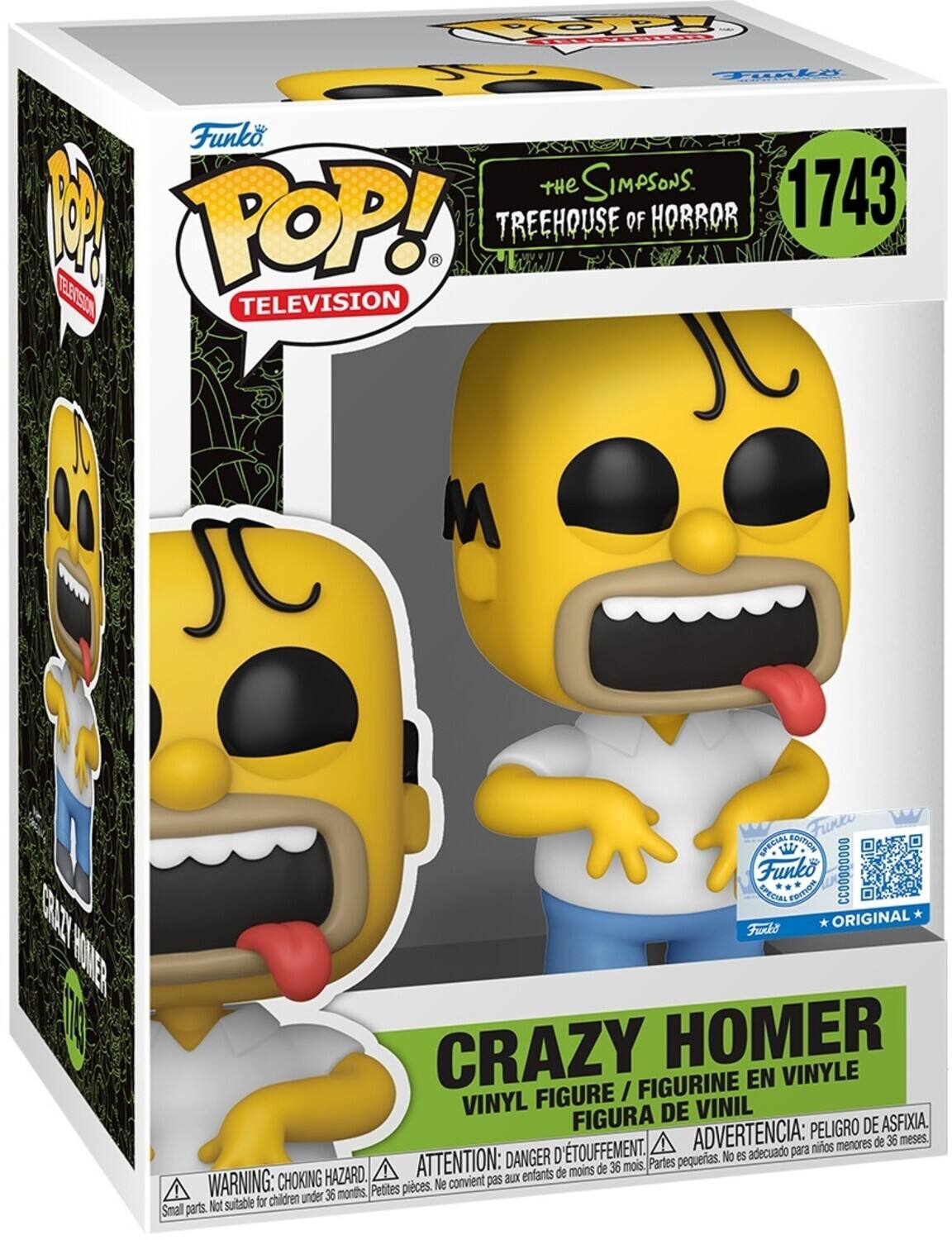 Sure, here is the corrected and grouped text from the image:

---

**Funko POP! TELEVISION**

**The Simpsons Treehouse of Horror**

**1743**

**Crazy Homer**

**VINYL FIGURE / FIGURINE EN VINYLE / FIGURA DE VINIL**

**WARNING: CHOKING HAZARD. Small parts. Not suitable for children under 36 months.**

**ADVERTENCIA: PELEIGRO DE ASFIXIA. Partes pequeñas. No es adecuado para niños menores de 36 meses.**

**ATTENTION: DANGER D'ÉTOUFFEMENT. Petites pièces. Ne convient pas aux enfants de moins de 36 mois.**

**Funko ORIGINAL**

**CC00000000**

---

This text is organized to reflect the information on the packaging of the Funko Pop! figure.