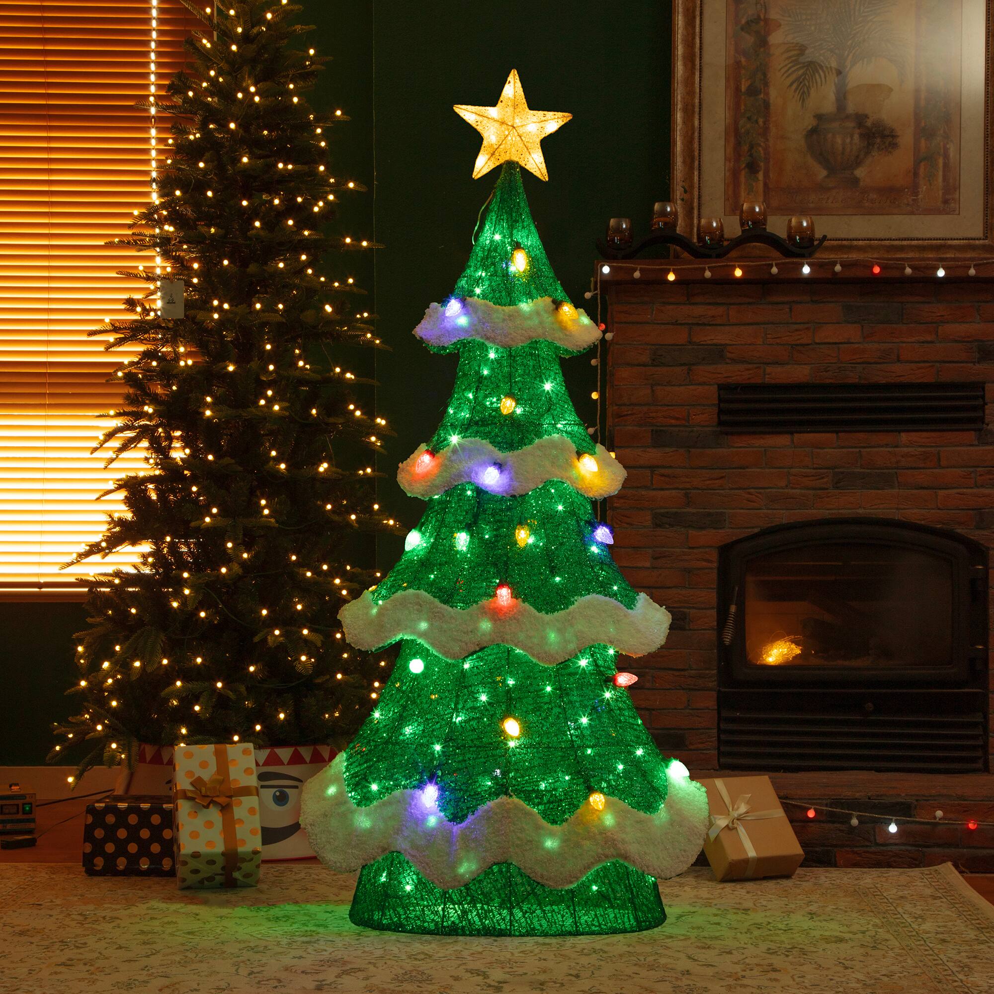 Alt View 5. Glitzhome - 74.50"H Lighted 3D Mesh Christmas Tree with 261 LED Lights (KD) - Green.