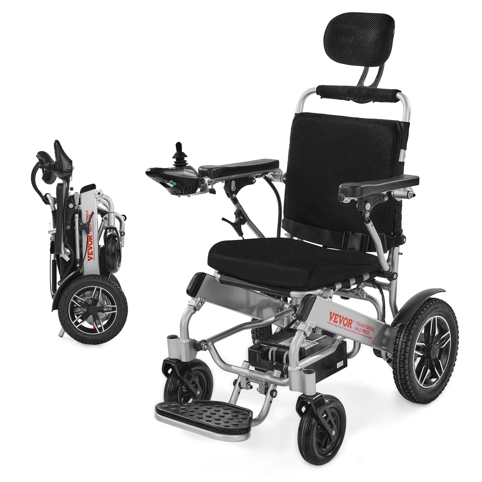 VEVOR - Electric Wheelchair for Adults, 300lbs Capacity with Adjustable Backrest, Foldable & Lightweight Motorized Wheelchair - Silver