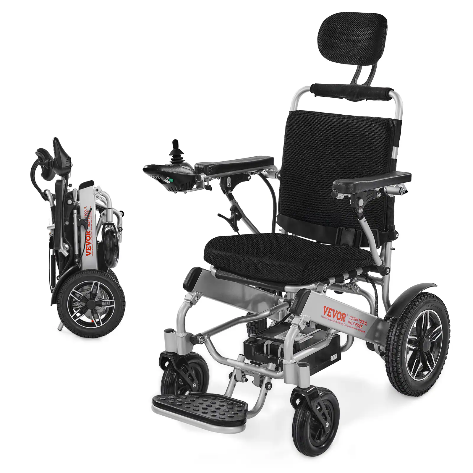 VEVOR - Electric Wheelchair for Adults, 300lbs Capacity with Adjustable Backrest, Foldable & Lightweight Motorized Wheelchair - Silver