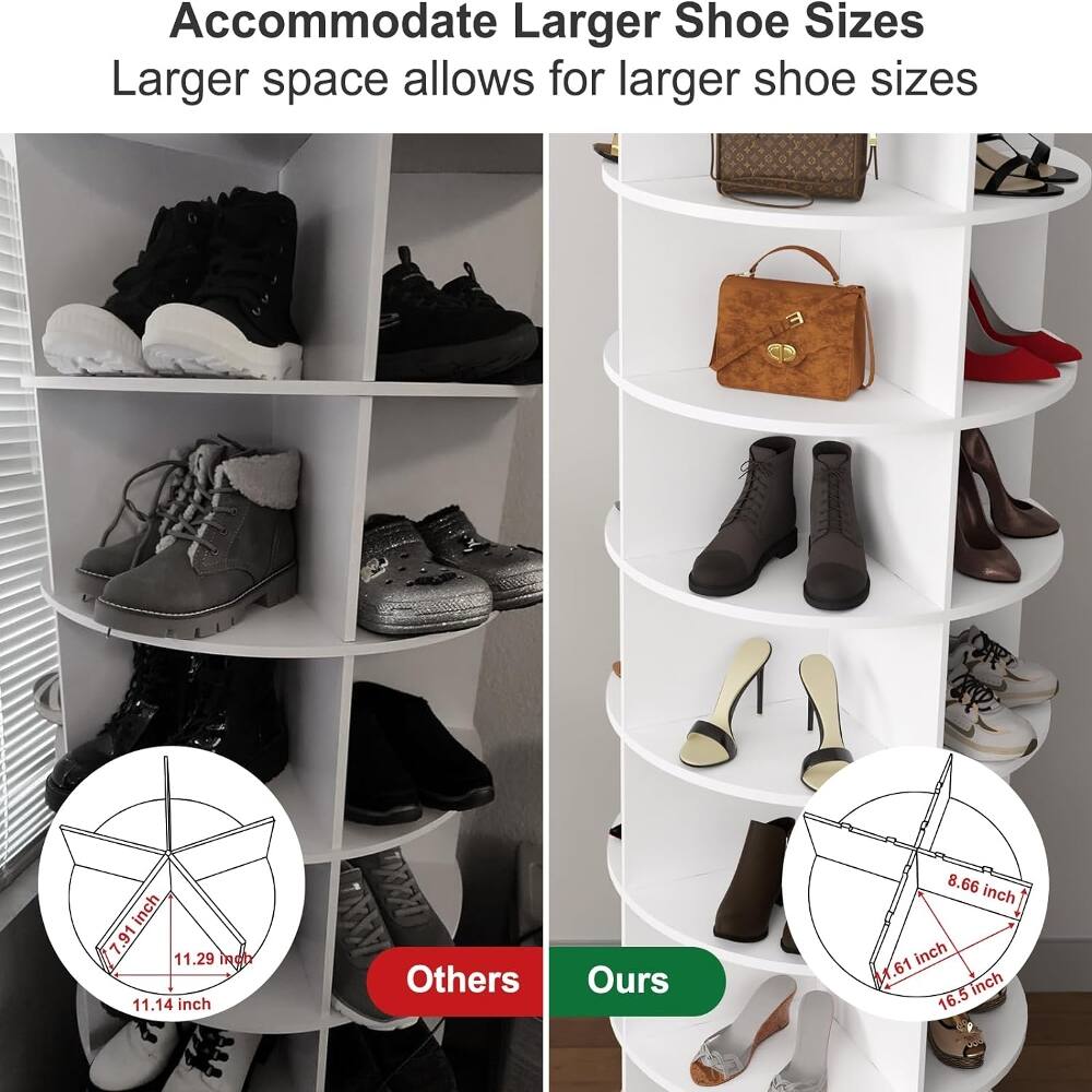 Accommodate Larger Shoe Sizes  
Larger space allows for larger shoe sizes

Others  
7.91 inch 11.29 inch 11.14 inch

Ours  
8.66 inch 1.61 inch 16.5 inch