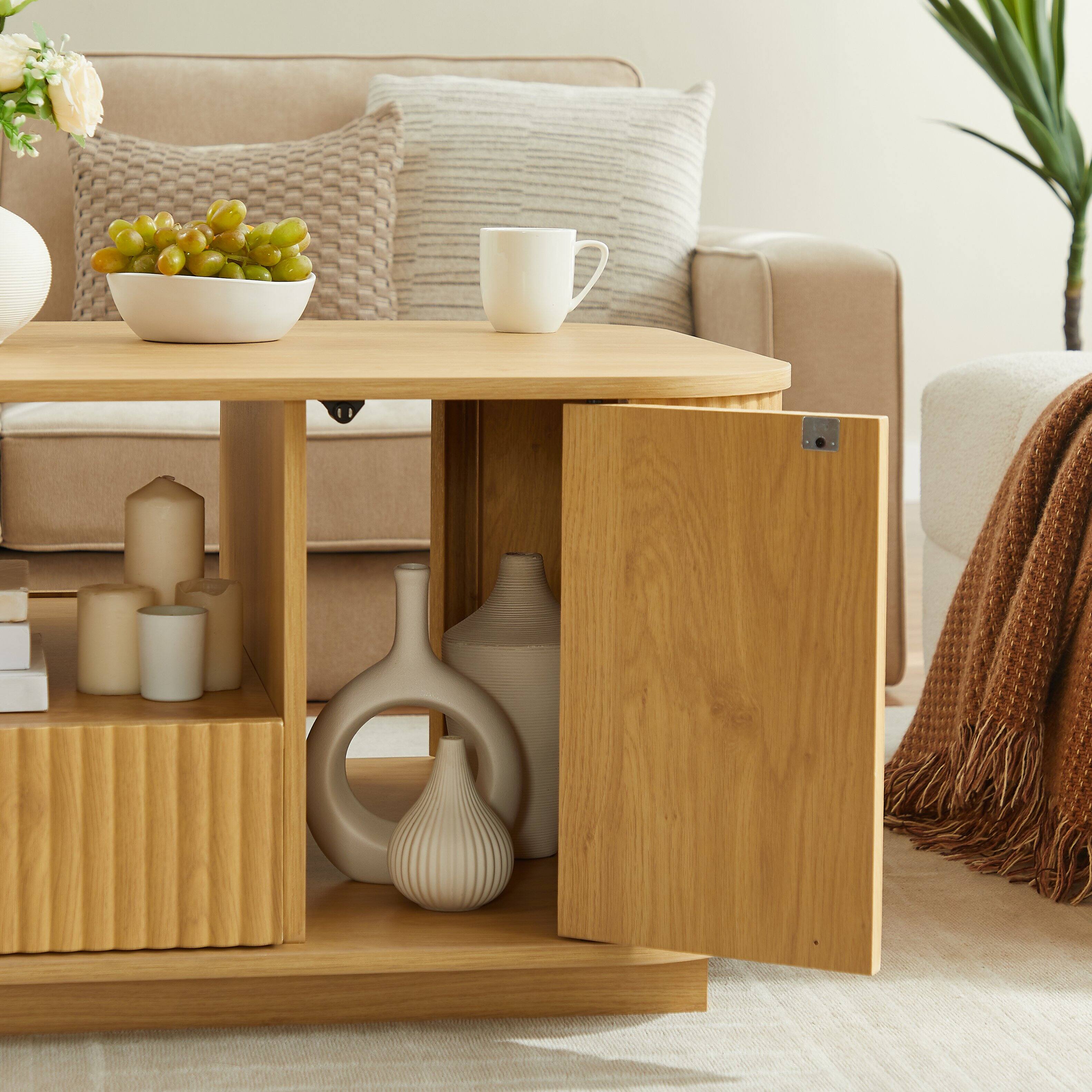 Alt View 1. Ecooso - Coffee Table Oval Design with Drawers and Storage Compartments, Modern Luxury Center Table for Living Room - Natural.