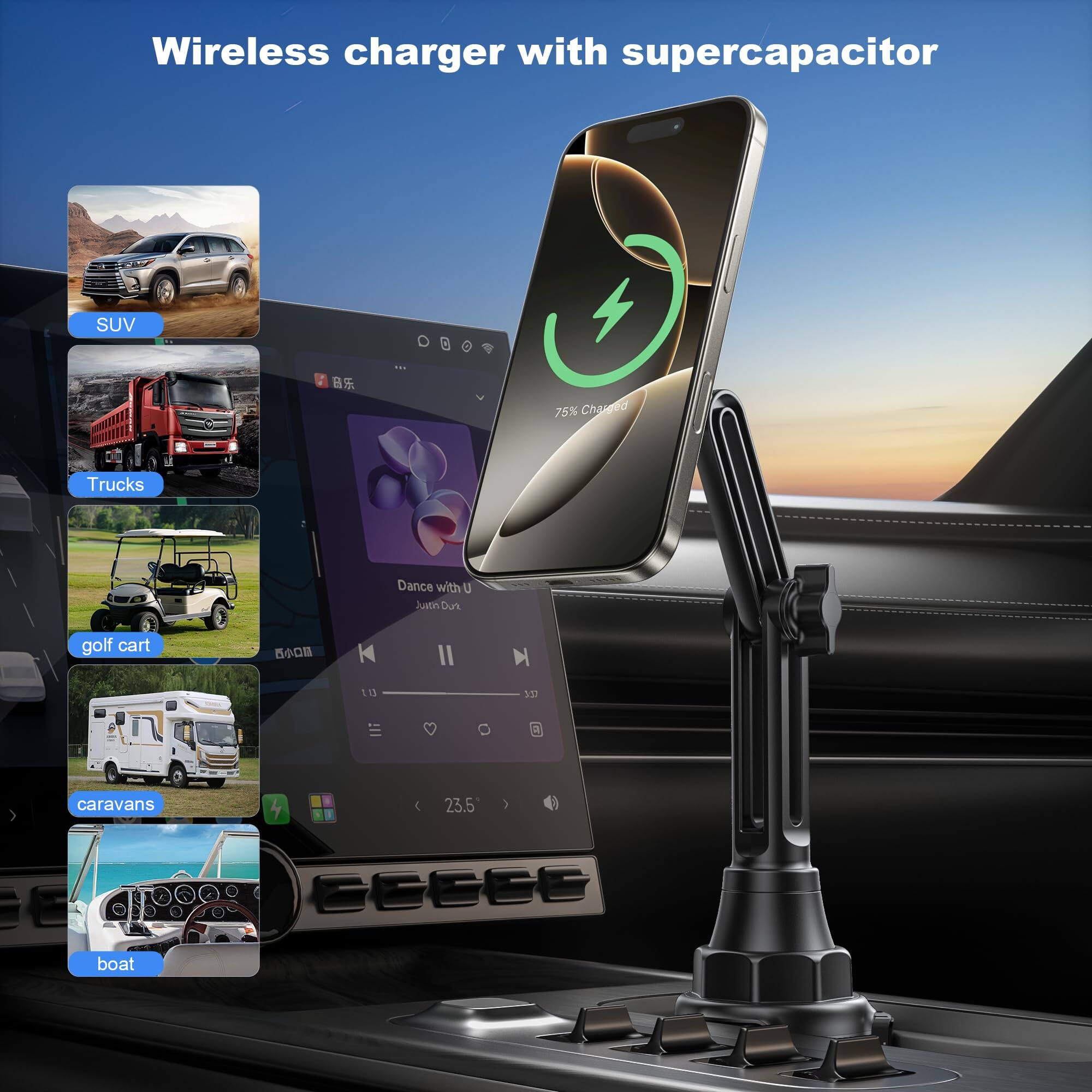Wireless charger with supercapacitor

- SUV
- Trucks
- golf cart
- caravans
- boat

75% Charged

Dance with U  
Justin Dunn