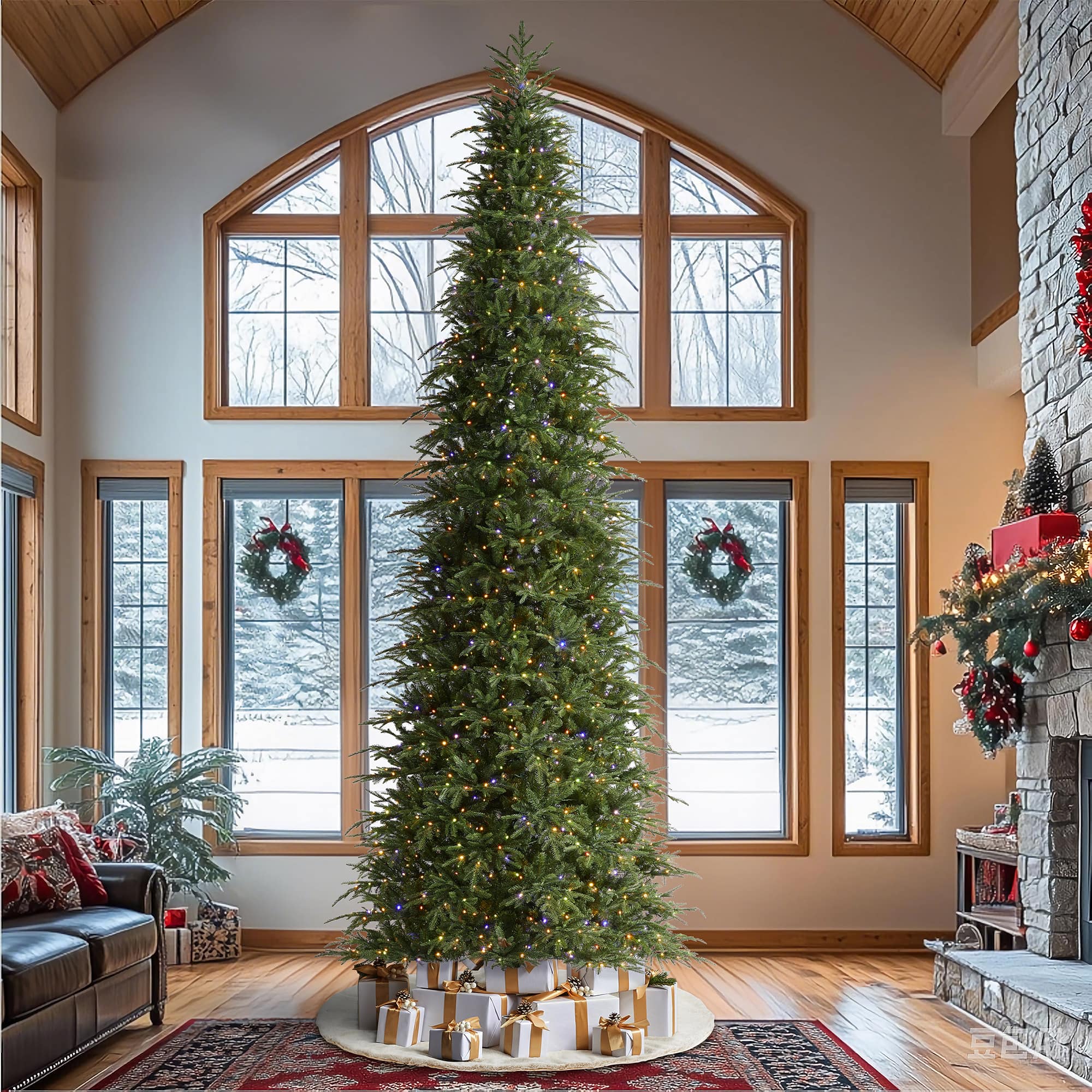 Glitzhome - 15ft Pre-Lit Slim Fir Artificial Christmas Tree with 1500 Warm White/Multi-color LED Lights - Green