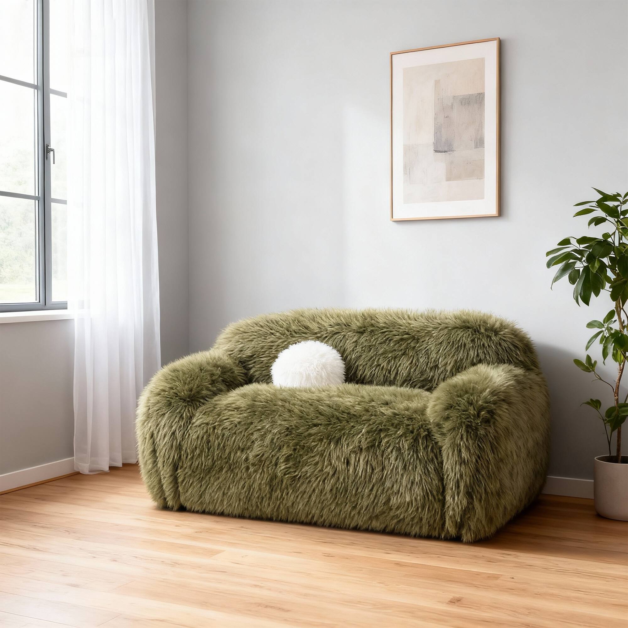 Angle. Vaczon - Faux Fur Loveseat Sofa Cozy Shaggy Plush Chair for Home Apartment or Lounge Area with Accent Pillows - Olive Green.