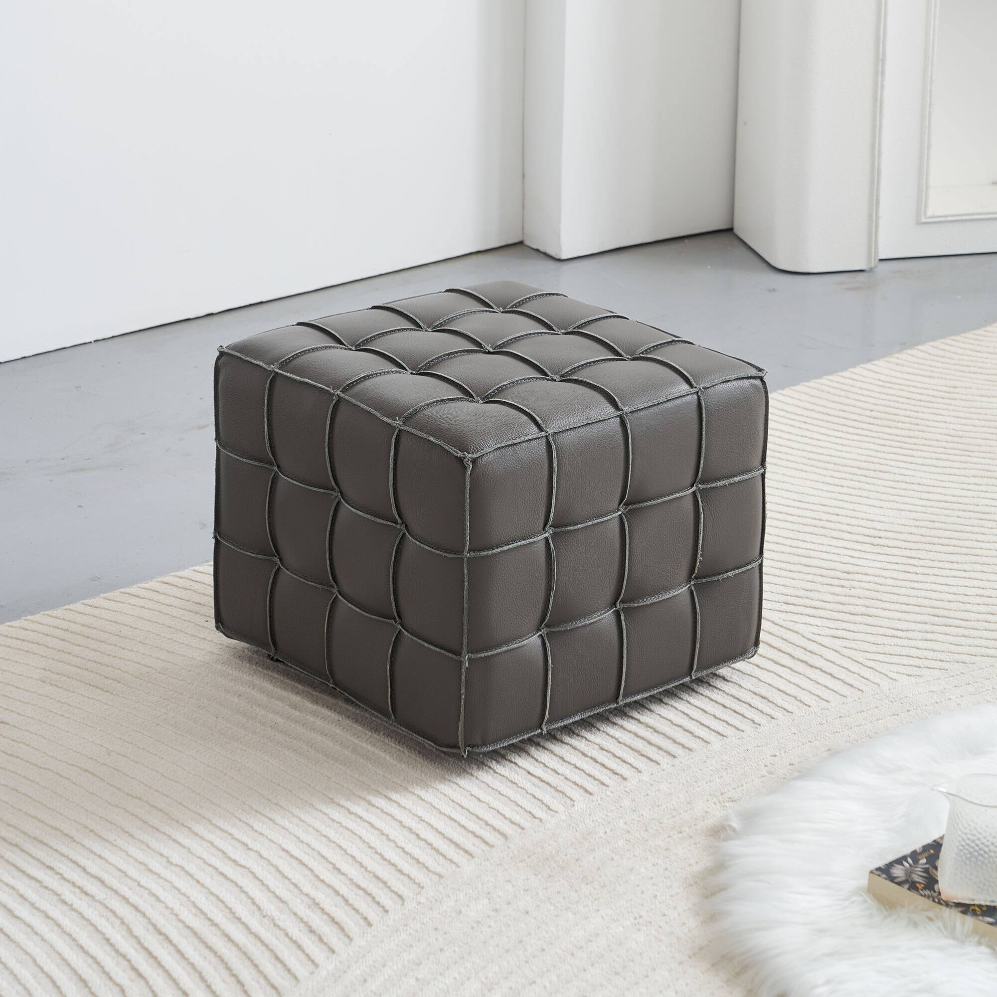 Alt View 2. GOODSILO - Genuine Leather Tufted Ottoman with Solid Wood Frame for Living Room and Bedroom Footrest and Seating - Grey.