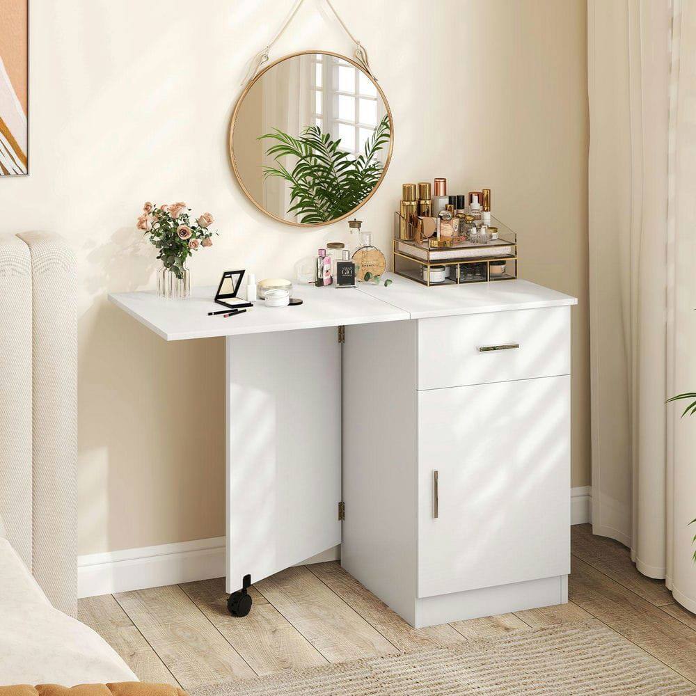Back. Kadyn - Folding Mobile Computer Desk - Drawer & Cabinet, Home Office Essential, White - White.
