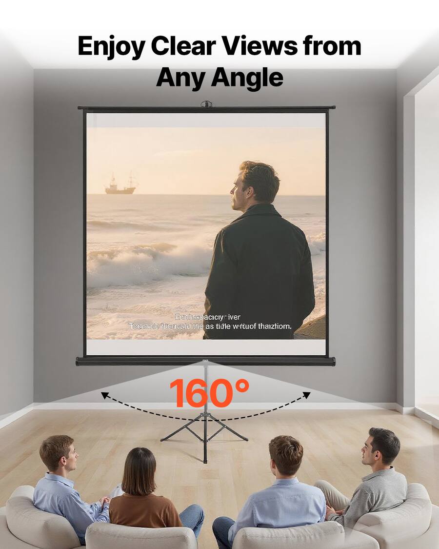 70 Inch Diagonal Screen VEVOR Projector Screen with Stand, 70 x 70 Inch 160° Wide Angle Indoor ...