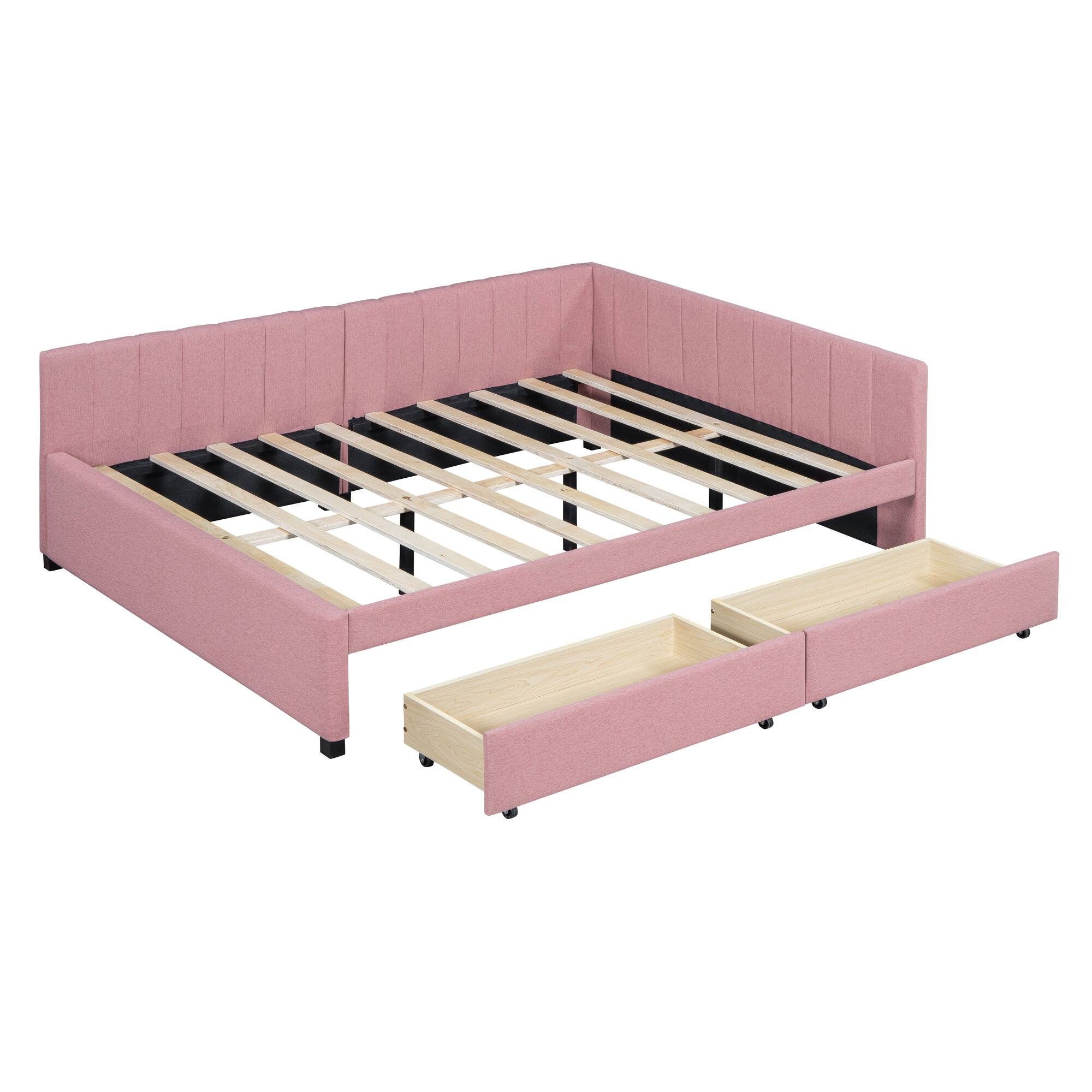 Alt View 2. Tiramisubest - Full Size Upholstered Daybed with 2 Storage Drawers Sofa Bed Frame No Box Spring Needed, Linen Fabric (Pink) - Pink.