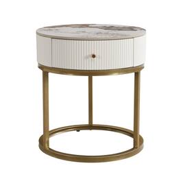 HTUTWOO - Modern Nightstand - 19.68 Inch Marble Round End Table with Drawer, Storage Side Table for Living Room & Bedroom - White