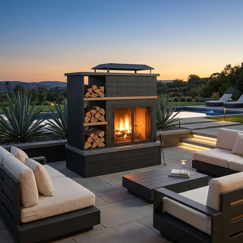 Alt View 5. SUNJOY - SUNJOY 42" Outdoor Wood-Burning Fireplace with Chimney, 3-Tier Log Shelves, Mesh Doors, Poker & Cover, Black Wood Look - black.