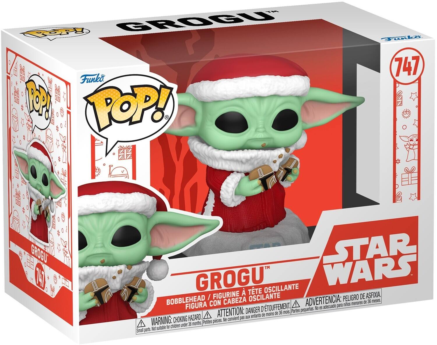 Sure, here is the corrected and grouped text from the image:

---

**Funko POP!**

**GROGU™**

**747**

**STAR WARS**

**BOBBLEHEAD / FIGURINE À TÊTE OSCILLANTE / FIGURA CON CABEZA OSCILANTE**

**WARNING: CHOKING HAZARD - Small parts. Not suitable for children under 36 months.**

**ATTENTION: DANGER D'ÉTOUFFEMENT. Petites pièces. Ne convient pas aux enfants de moins de 36 mois.**

**ADVERTENCIA: PELIGRO DE ASFIXIA. Partes pequeñas. No es adecuado para niños menores de 36 meses.**

---

This text is taken from the packaging of the Funko Pop! GROGU figure.