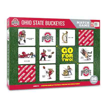 Ohio State Buckeyes Match Game
- Quarterback Sneak
- Stiff Arm
- Shovel Pass
- Pocket Punt
- Flea Flicker
- Half Time
- Nose Tackle
Go for Two!
36 Cards
Ages 3+
A match game of football fun for the whole family