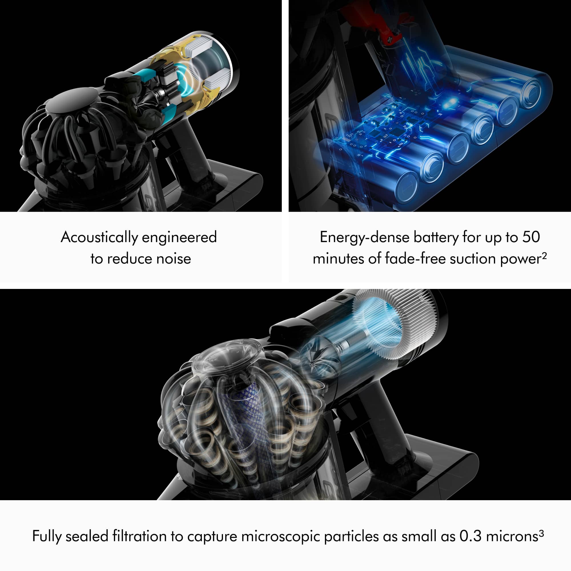 The text on the image is grouped and corrected as follows:
1. Acoustically engineered to reduce noise
2. Energy-dense battery for up to 50 minutes of fade-free suction power
3. Fully sealed filtration to capture microscopic particles as small as 0.3 microns