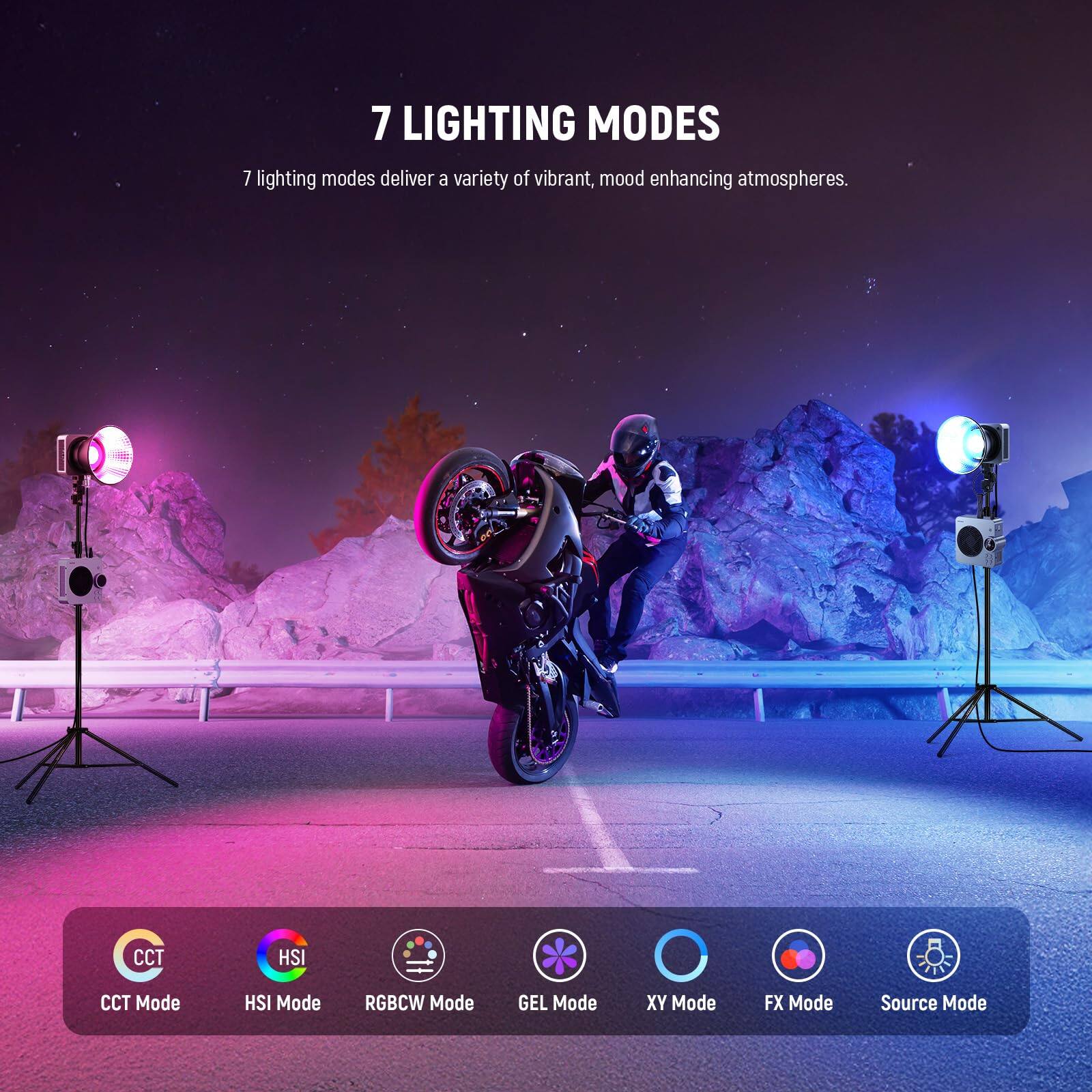 7 LIGHTING MODES  
7 lighting modes deliver a variety of vibrant, mood-enhancing atmospheres.  

- CCT Mode  
- HSI Mode  
- RGB CW Mode  
- GEL Mode  
- XY Mode  
- FX Mode  
- Source Mode