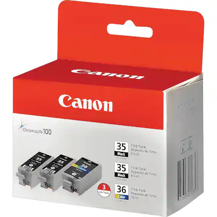 Canon ChromaLife 100
Contents/Contenido:
- 1 Ink Tank/ Depósito de Tinta Black 9.3 ml PGI-35 Black
- 1 Ink Tank/ Depósito de Tinta Black 9.3 ml PGI-35 Black
- 1 Ink Tank/ Depósito de Tinta Color 12 ml CLI-36 Color
3 Ink Tanks