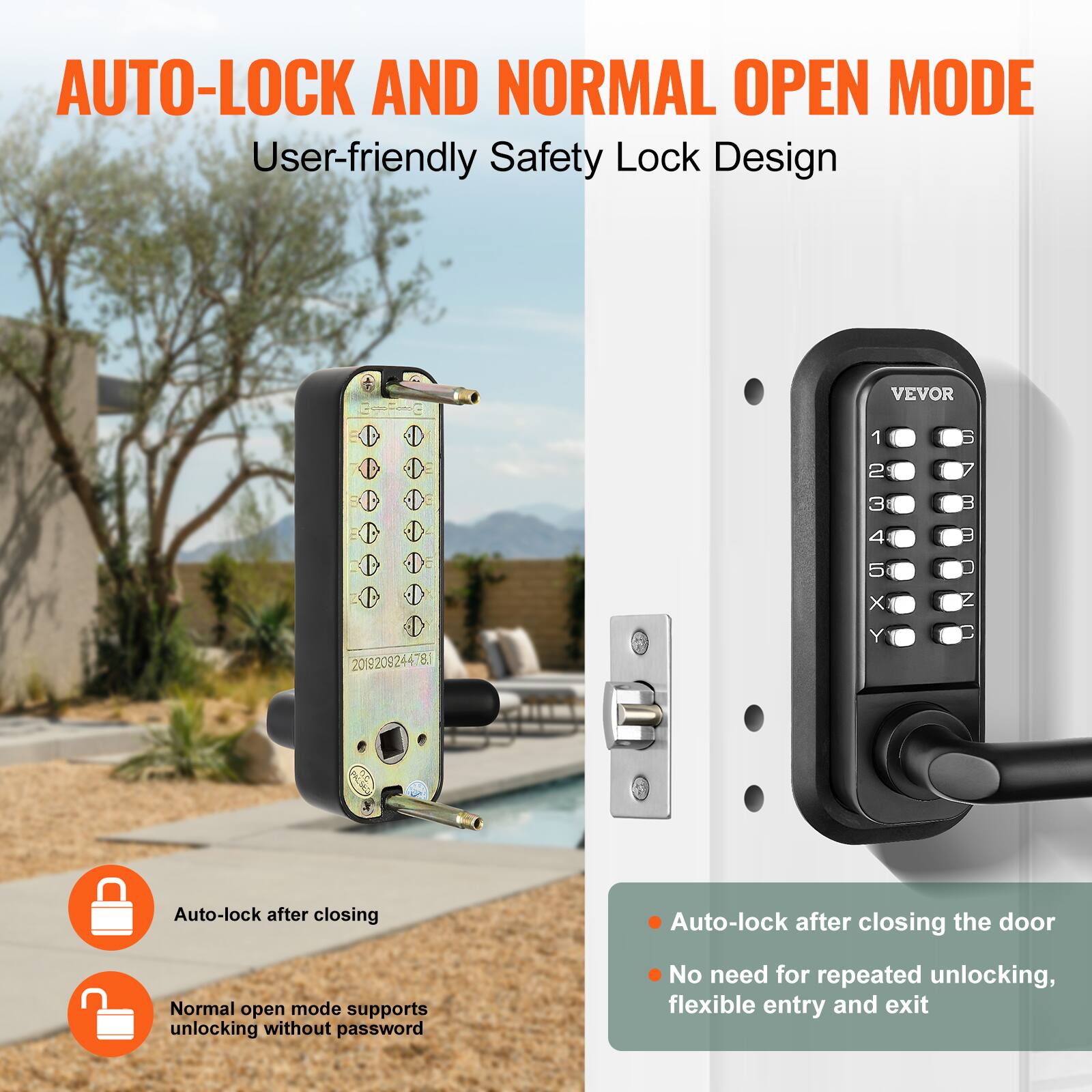 AUTO-LOCK AND NORMAL OPEN MODE  
User-friendly Safety Lock Design

- Auto-lock after closing
- Normal open mode supports unlocking without password

Auto-lock after closing the door  
No need for repeated unlocking, flexible entry and exit