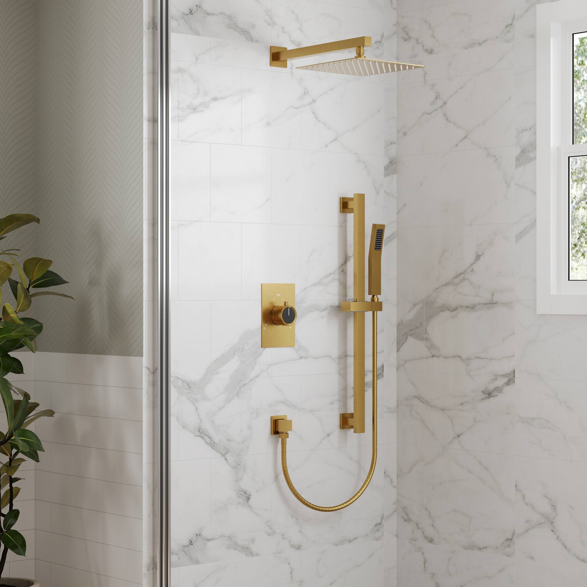 Angle. GRANDJOY - 10" High Pressure Rain Shower System with Handheld Shower and 2-Function Mixer Valve - Brushed Gold.