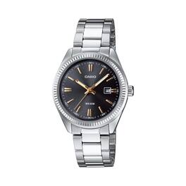 Casio - Women’s Black Dial Stainless Steel Date Bracelet Watch - LTP-1302D-1A2V - Silver