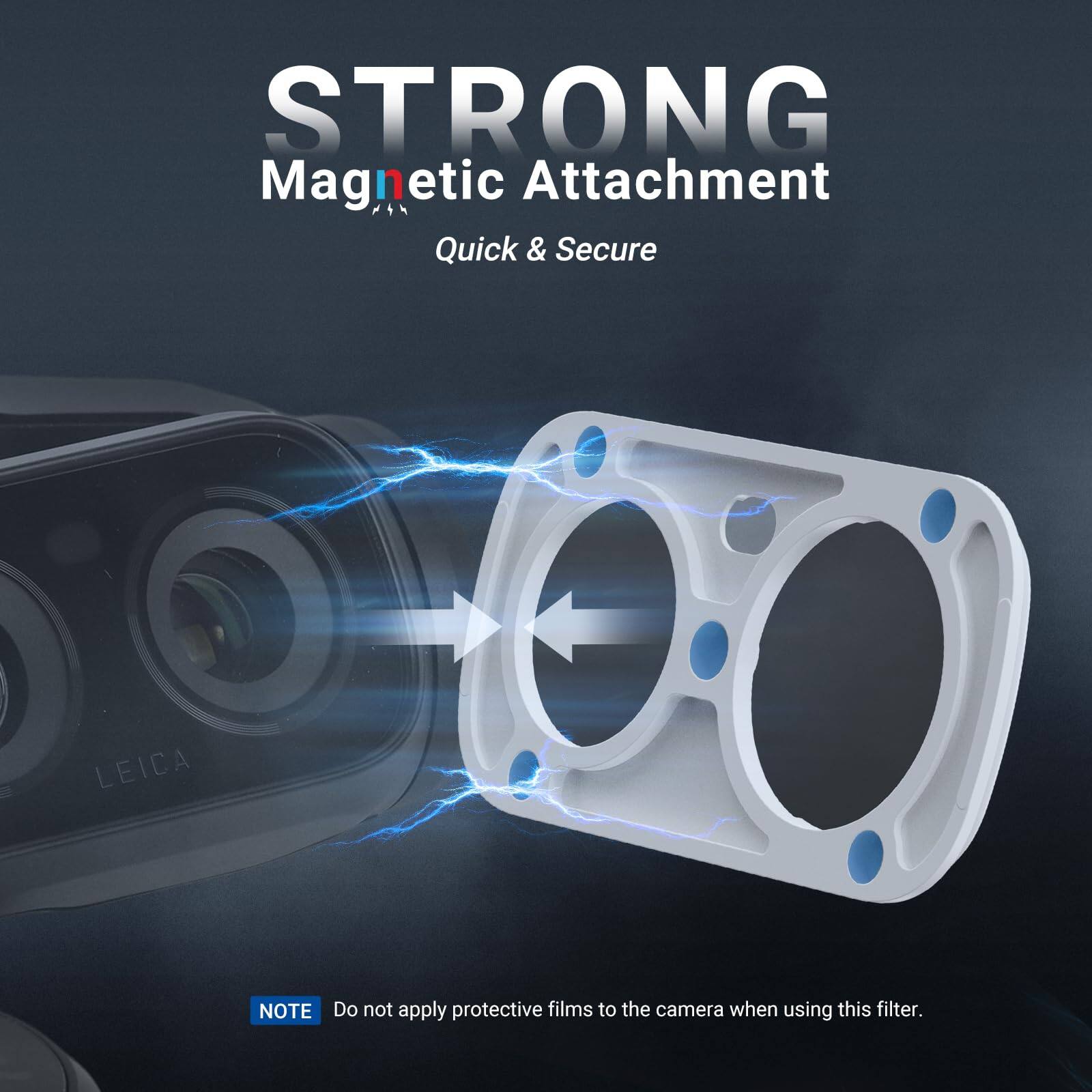 STRONG Magnetic Attachment Quick & Secure

LEICA

NOTE: Do not apply protective films to the camera when using this filter.
