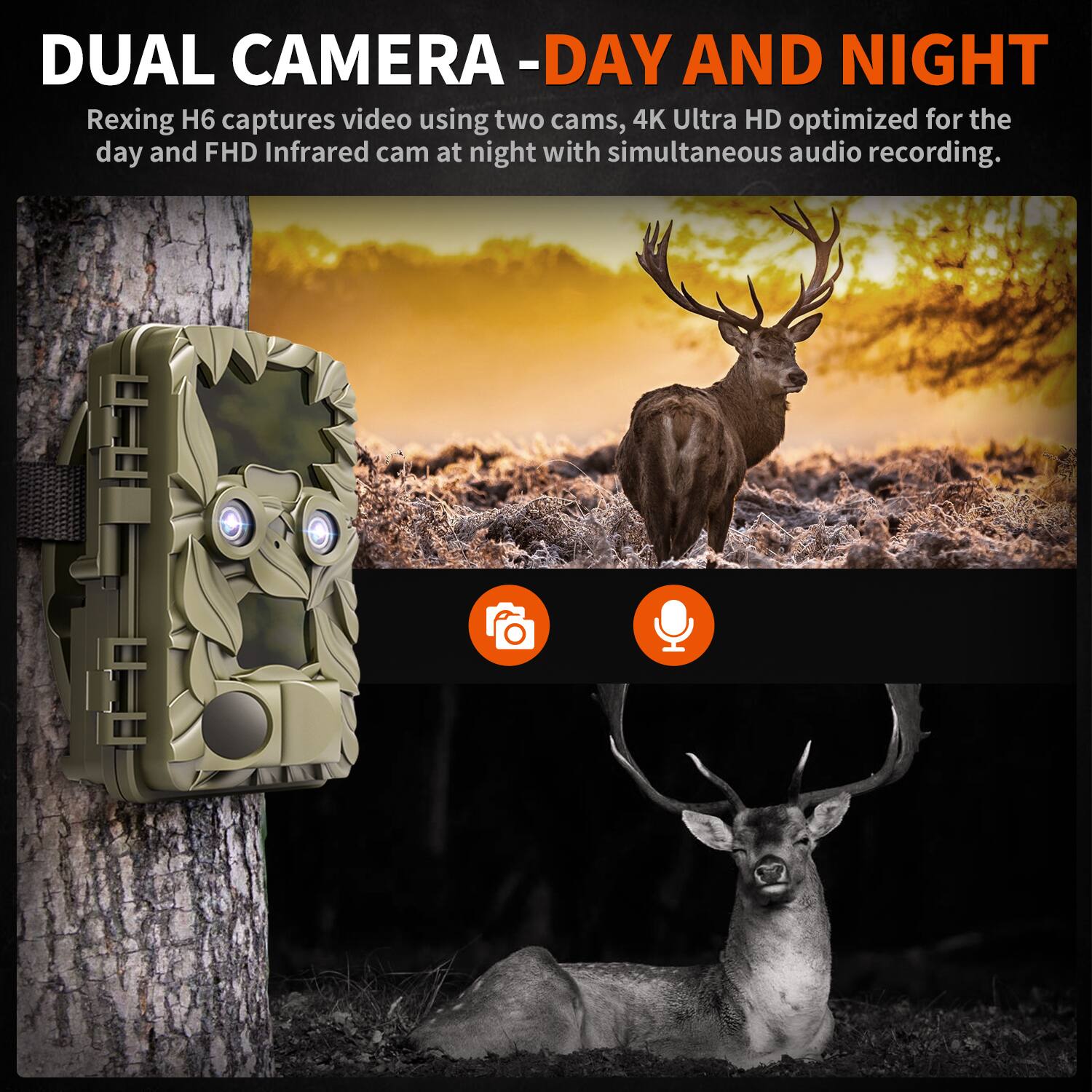 DUAL CAMERA - DAY AND NIGHT

Rexing H6 captures video using two cams, 4K Ultra HD optimized for the day and FHD Infrared cam at night with simultaneous audio recording.