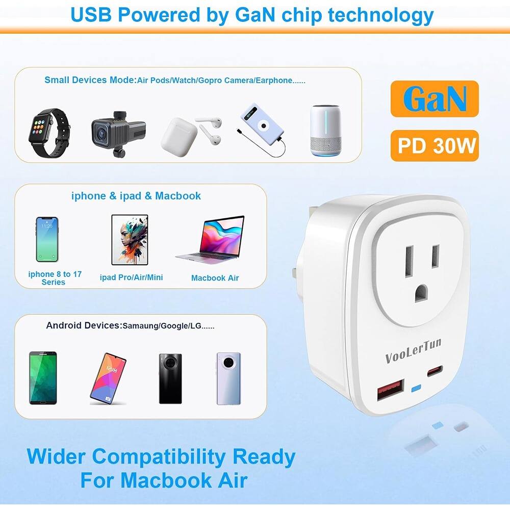USB Powered by GaN chip technology

Small Devices Mode: Air Pods/Watch/Gopro Camera/Earphone......

GaN PD 30W

iphone & ipad & Macbook
- iphone 8 to 17 Series
- ipad Pro/Air/Mini
- Macbook Air

Android Devices: Samsung/Google/LG......

Wider Compatibility Ready For Macbook Air