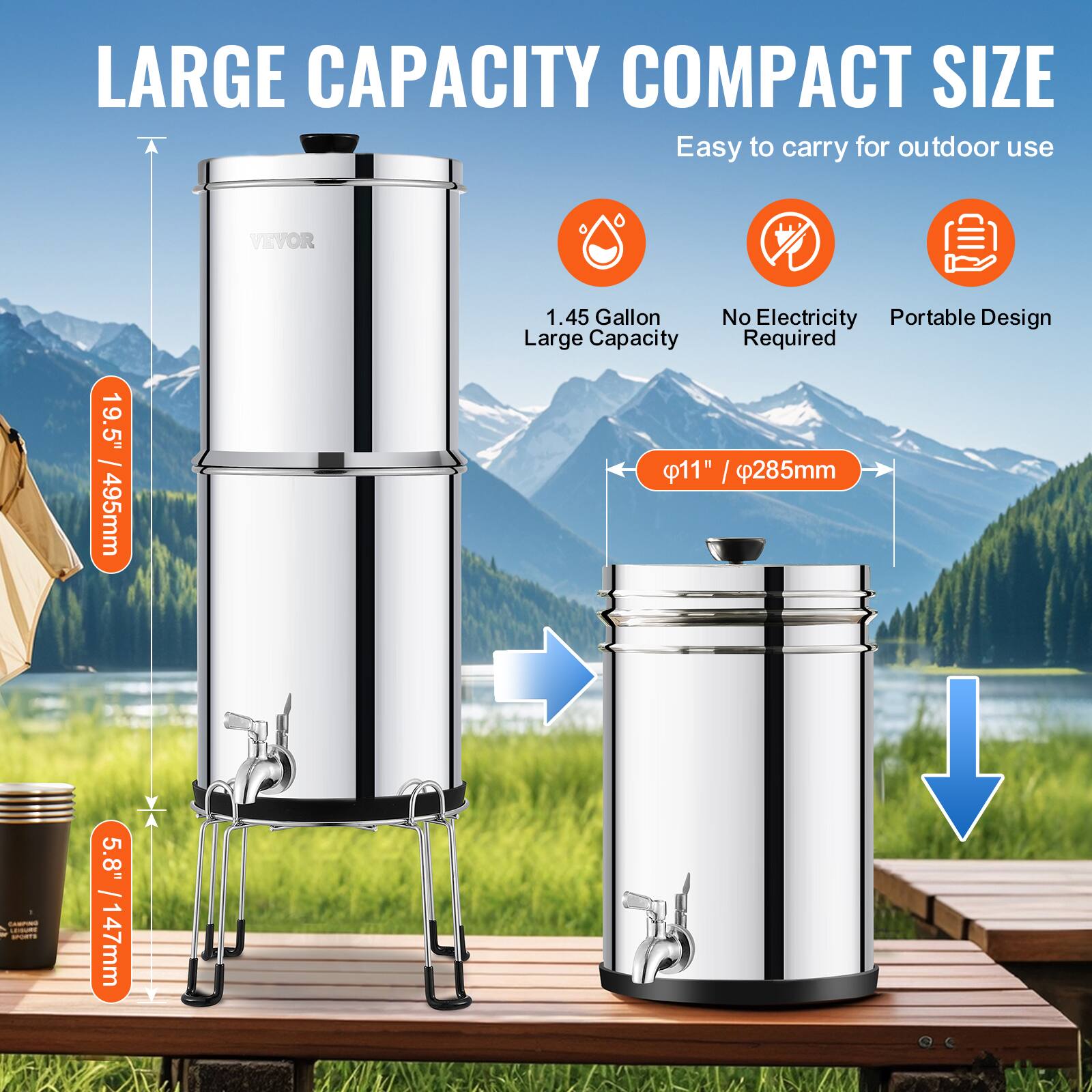 LARGE CAPACITY COMPACT SIZE  
Easy to carry for outdoor use  

1.45 Gallon Large Capacity  
No Electricity Required  
Portable Design  

19.5" / 495mm  
11" / 285mm  
5.8" / 147mm