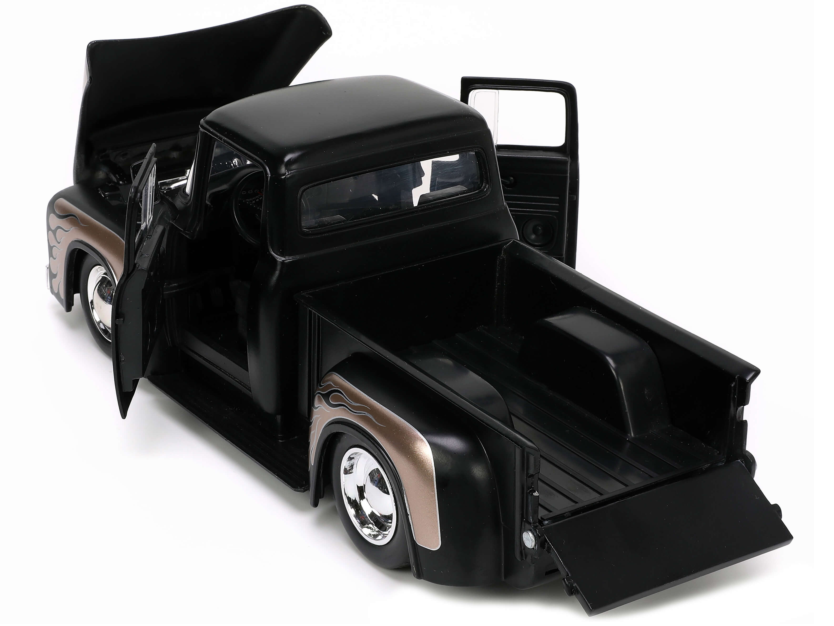 Left. Jada - 1956 Ford F-100 Pickup Truck Matt Black and Champagne with Flames with Extra Wheels "Just Trucks" Series 1/24 - Matt Black And Champagne.