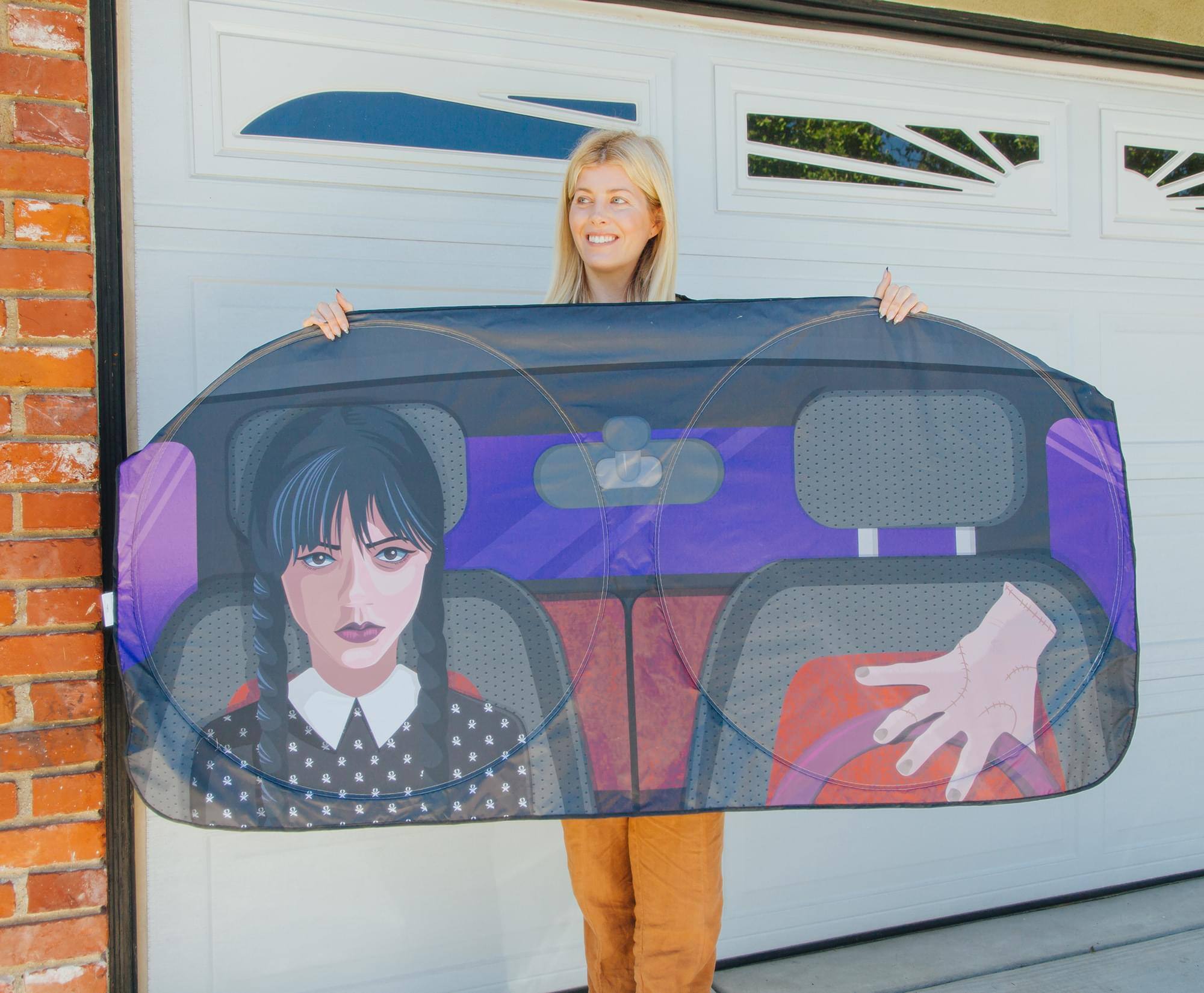 Alt View 2. Surreal Entertainment - Addams Family Wednesday And Thing Sunshade For Car Windshield | 64 x 32 Inches - Black/White.