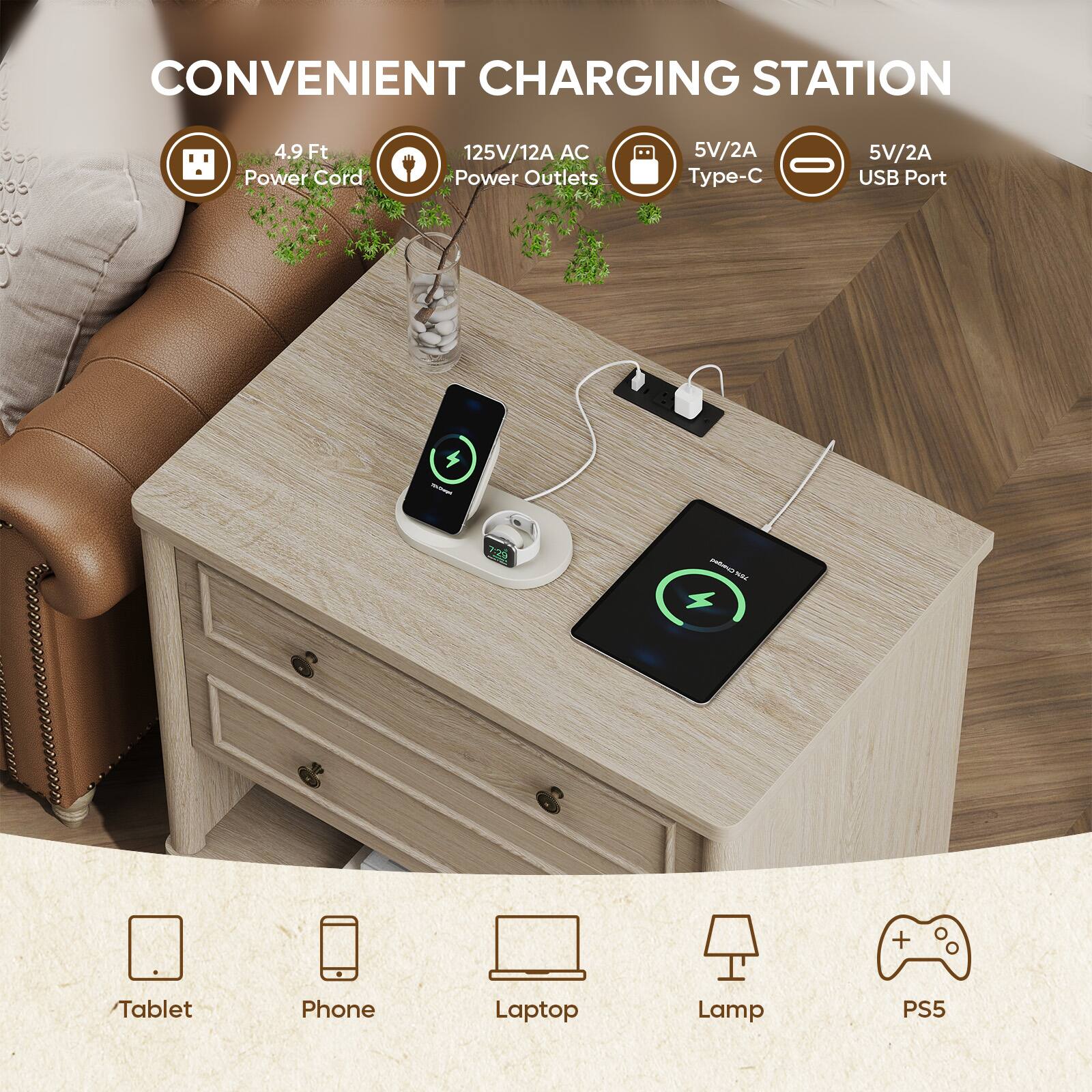 CONVENIENT CHARGING STATION

4.9 Ft Power Cord

125V/12A AC Power Outlets

5V/2A Type-C USB Port

5V/2A USB Port

Tablet, Phone, Laptop, Lamp, PS5