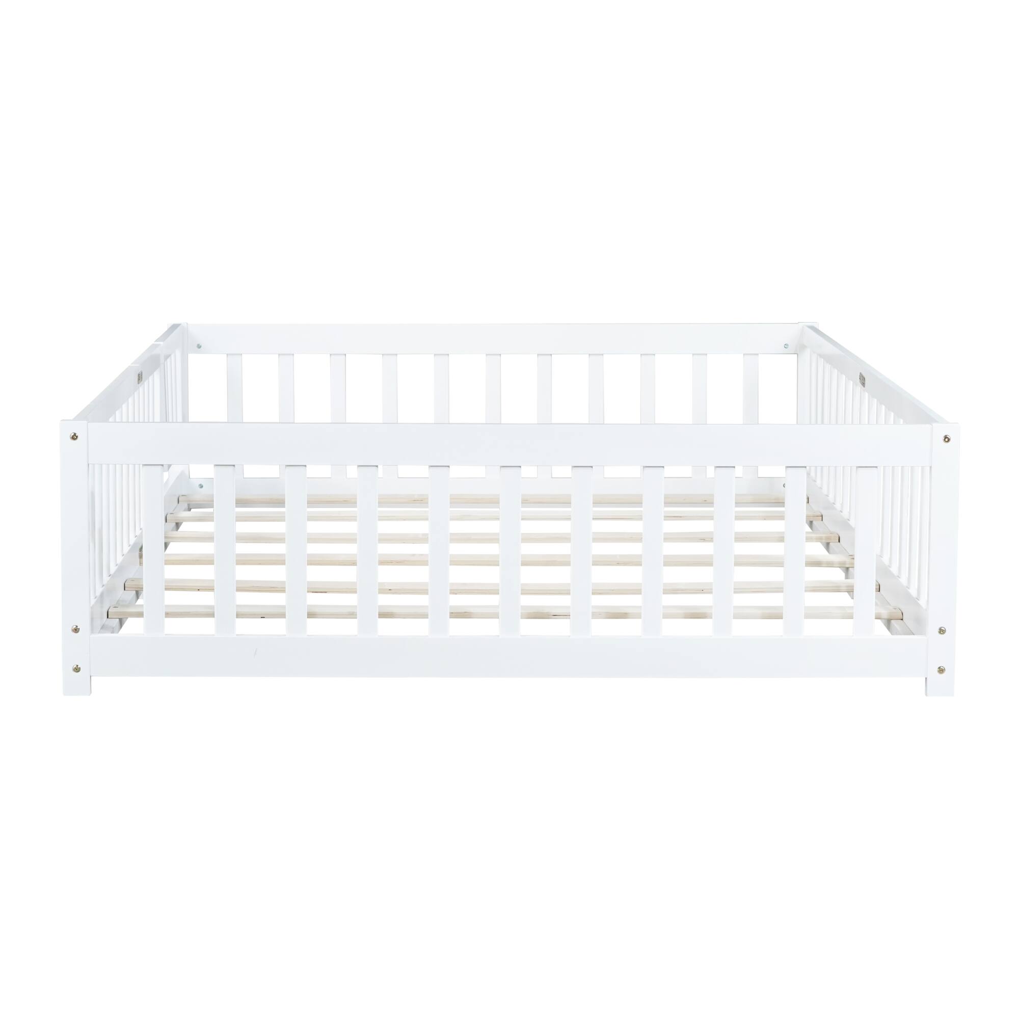 Angle. GOODSILO - Full Size Floor Bed with Safety Fence and Revolving Door for Children, Sturdy Rubber Wood Construction - White.